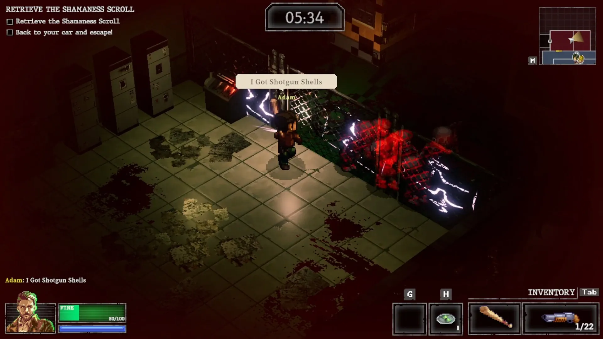 Whisper Mountain Outbreak: Adam collects shotgun shells in a bloodstained corridor with a mission timer.