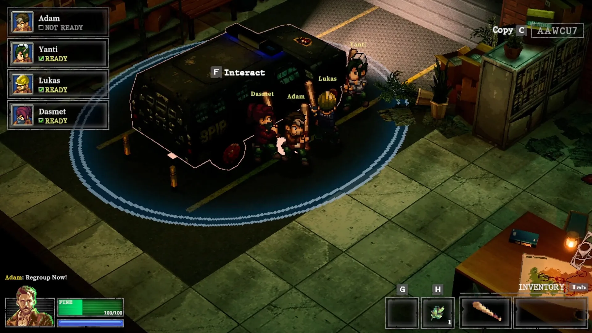 Whisper Mountain Outbreak: Four characters gather by van in parking area with inventory UI visible.