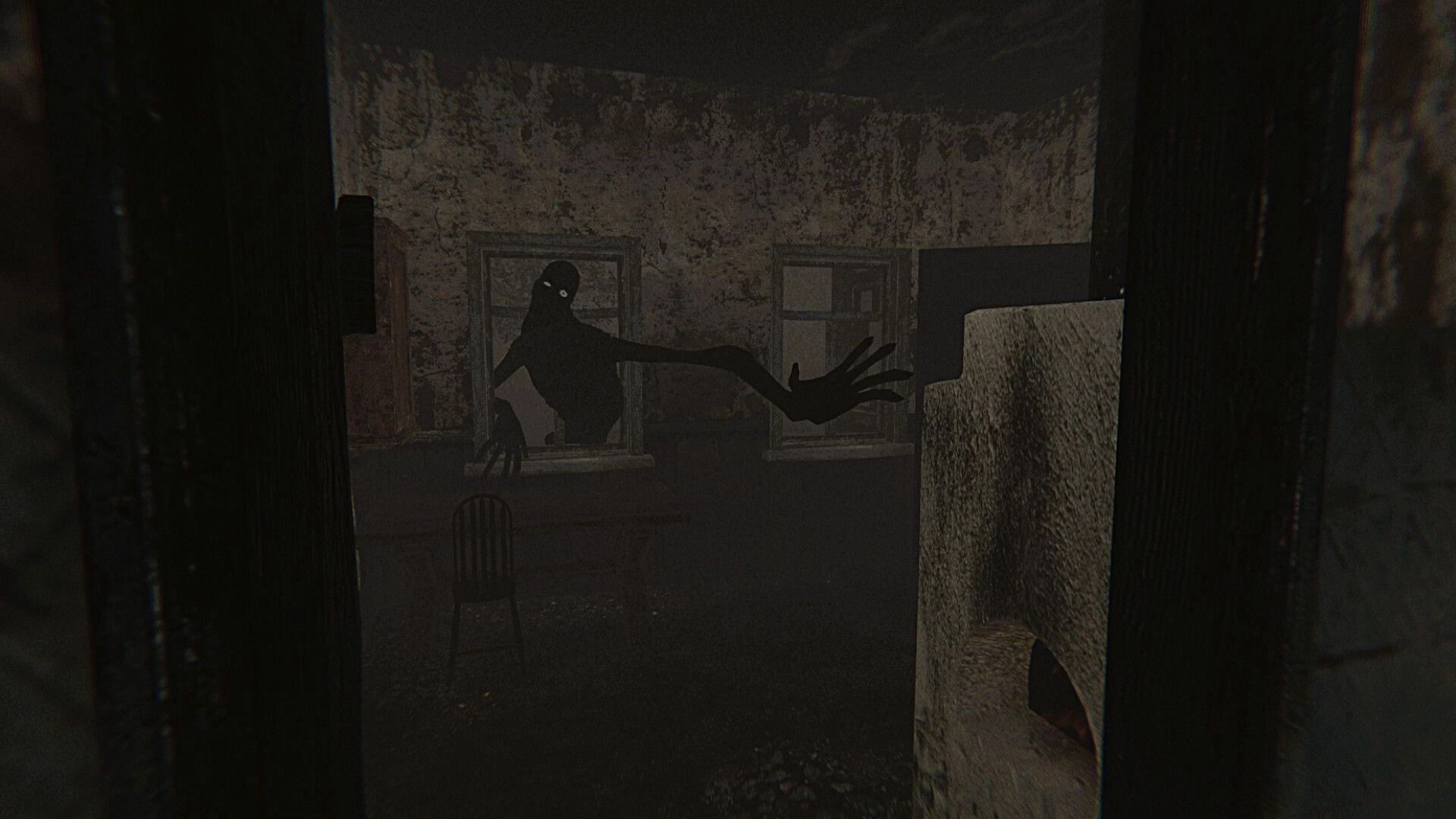 Whispering Fog: Shadowy figure with elongated arms reaching through window in dim, decaying room.