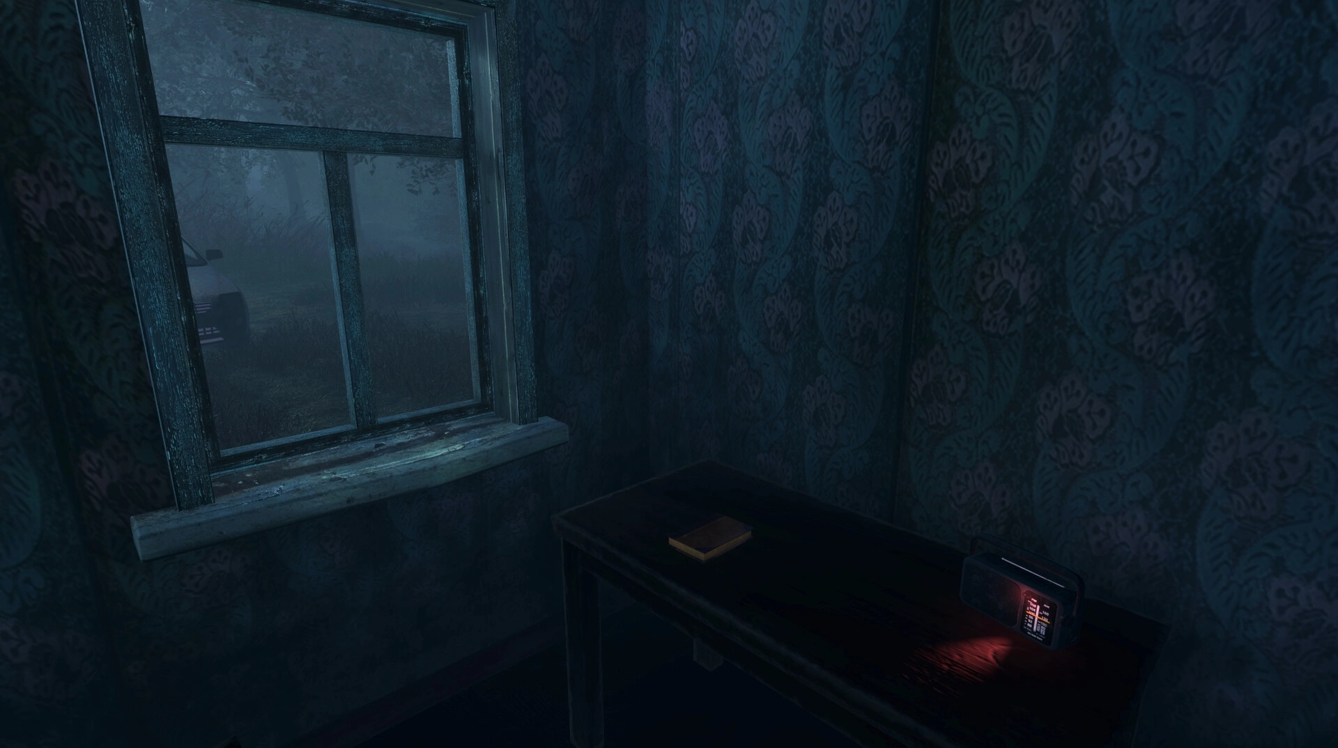 Whispering Fog: Dimly lit room with foggy window, table, radio, and notebook, eerie forest outside