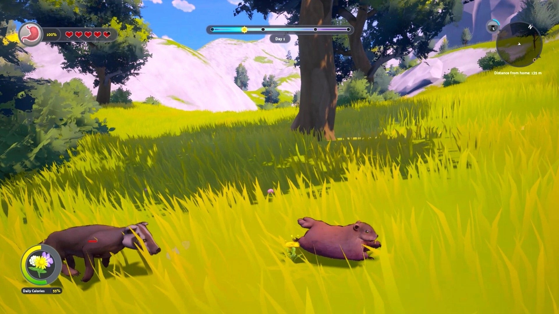 Whistle Pig: Groundhog runs through tall grass near a badger in sunny hills, HUD hearts and day bar visible.