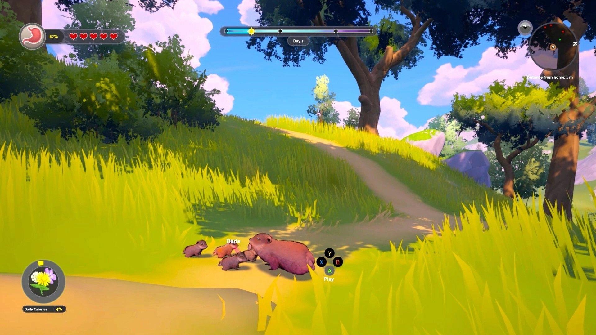 Whistle Pig: Mother groundhog with pups on grassy trail, HUD hearts, Day 1 bar, minimap visible.