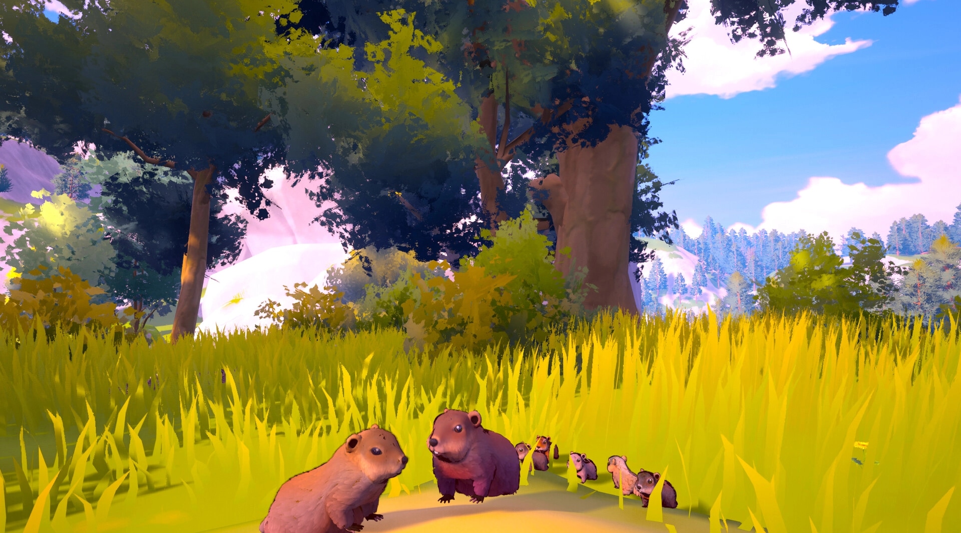 Whistle Pig: Two groundhogs and pups in tall grass clearing with trees and bright sky backdrop.