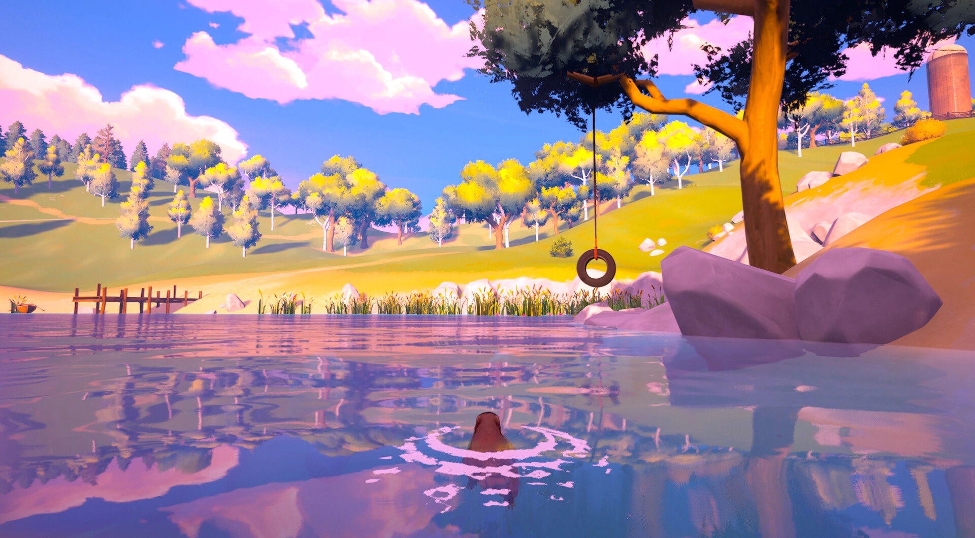 Whistle Pig: Groundhog swimming in calm lake near tire swing tree, hills and dock under pink clouds.