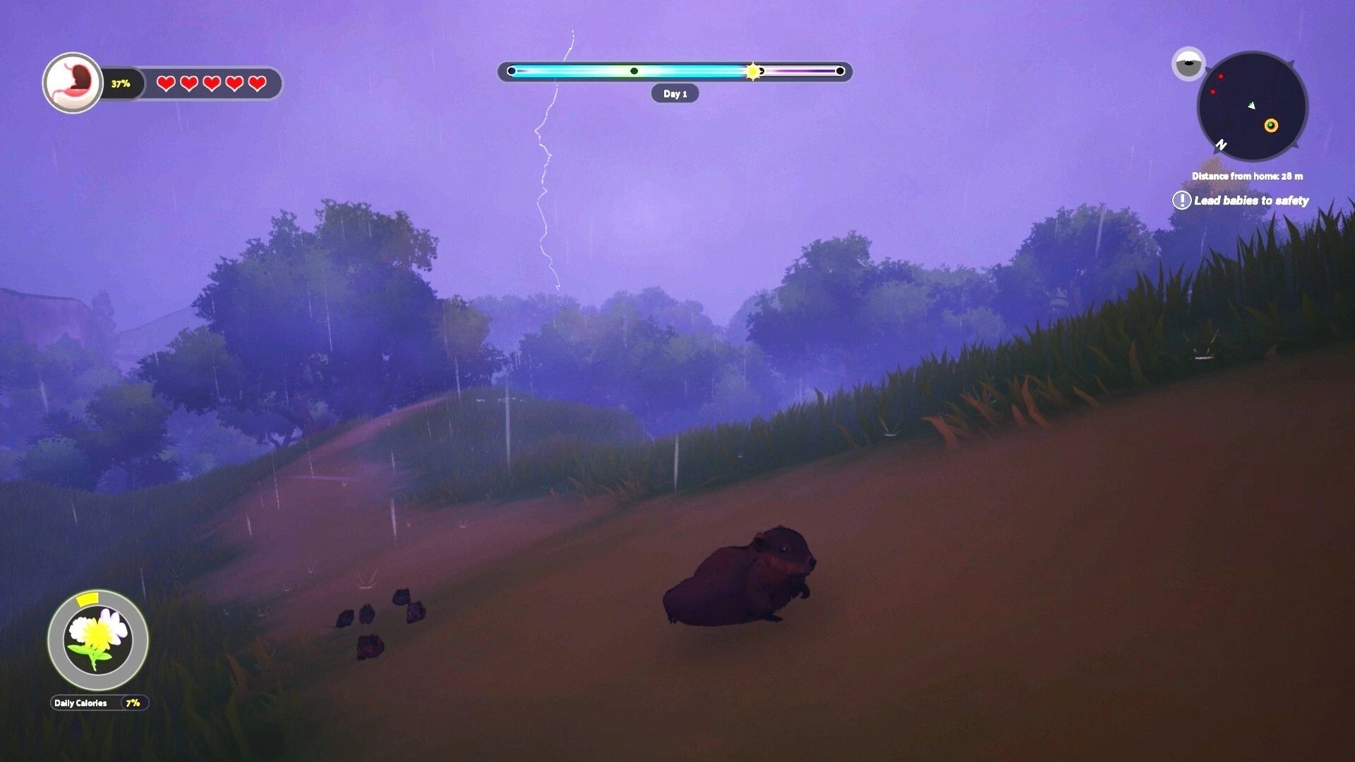 Whistle Pig: Groundhog on rainy hillside path with HUD hearts, day meter, and quest to lead babies home.