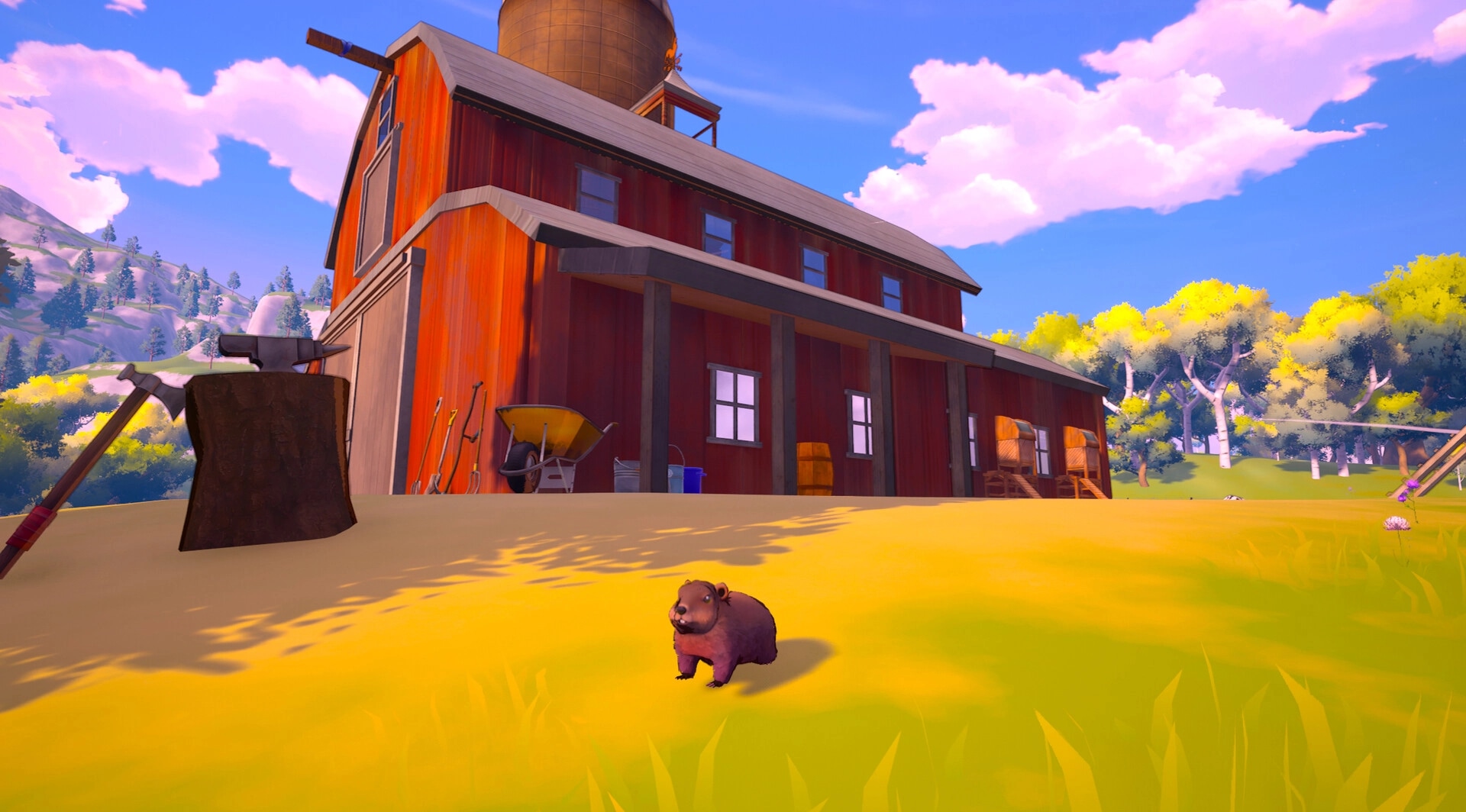 Whistle Pig: Groundhog stands in sunny yard beside red barn and tools under pink clouds.