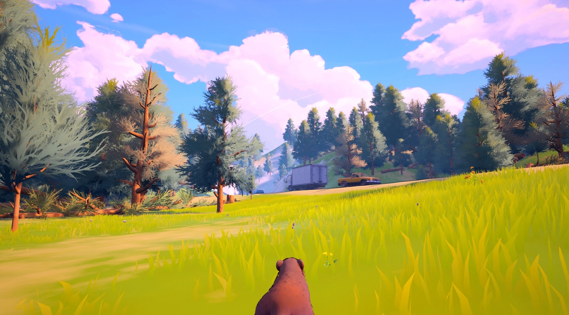 Whistle Pig: Third-person groundhog running through tall grass toward a road with truck and car nearby.