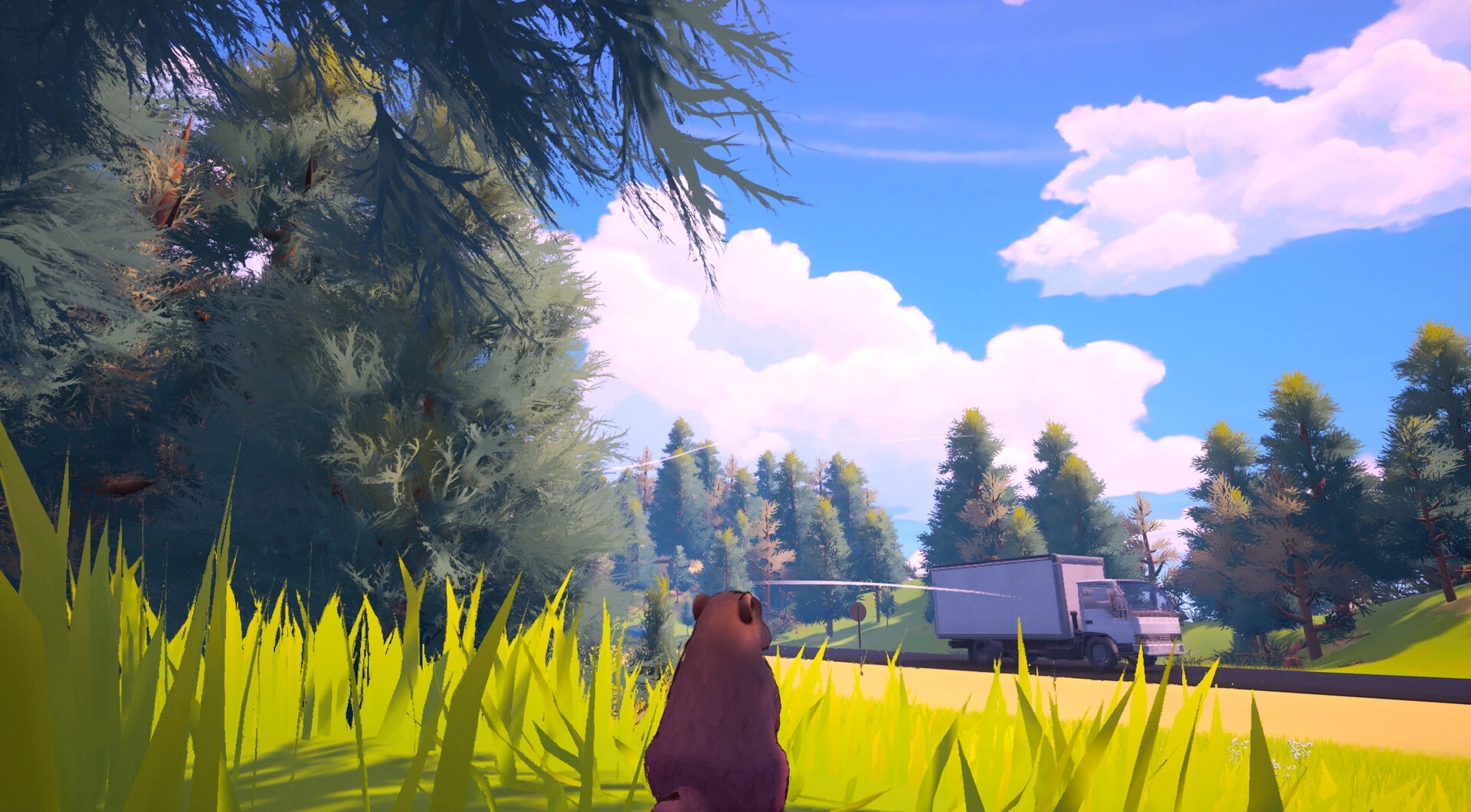 Whistle Pig: Groundhog watches a box truck on a road from tall grass at forest edge under blue sky.