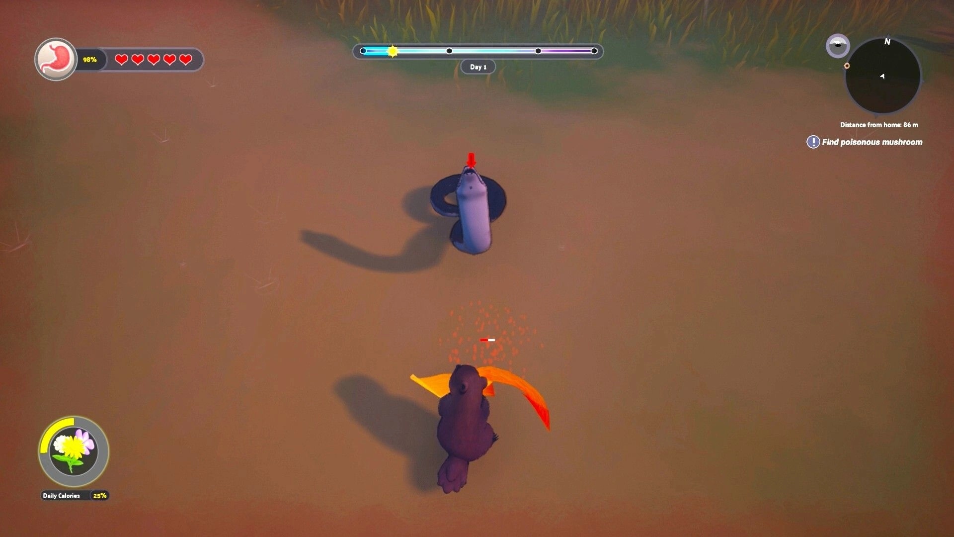 Whistle Pig: Groundhog attacks a snake on sandy ground, quest tracker and minimap HUD visible.