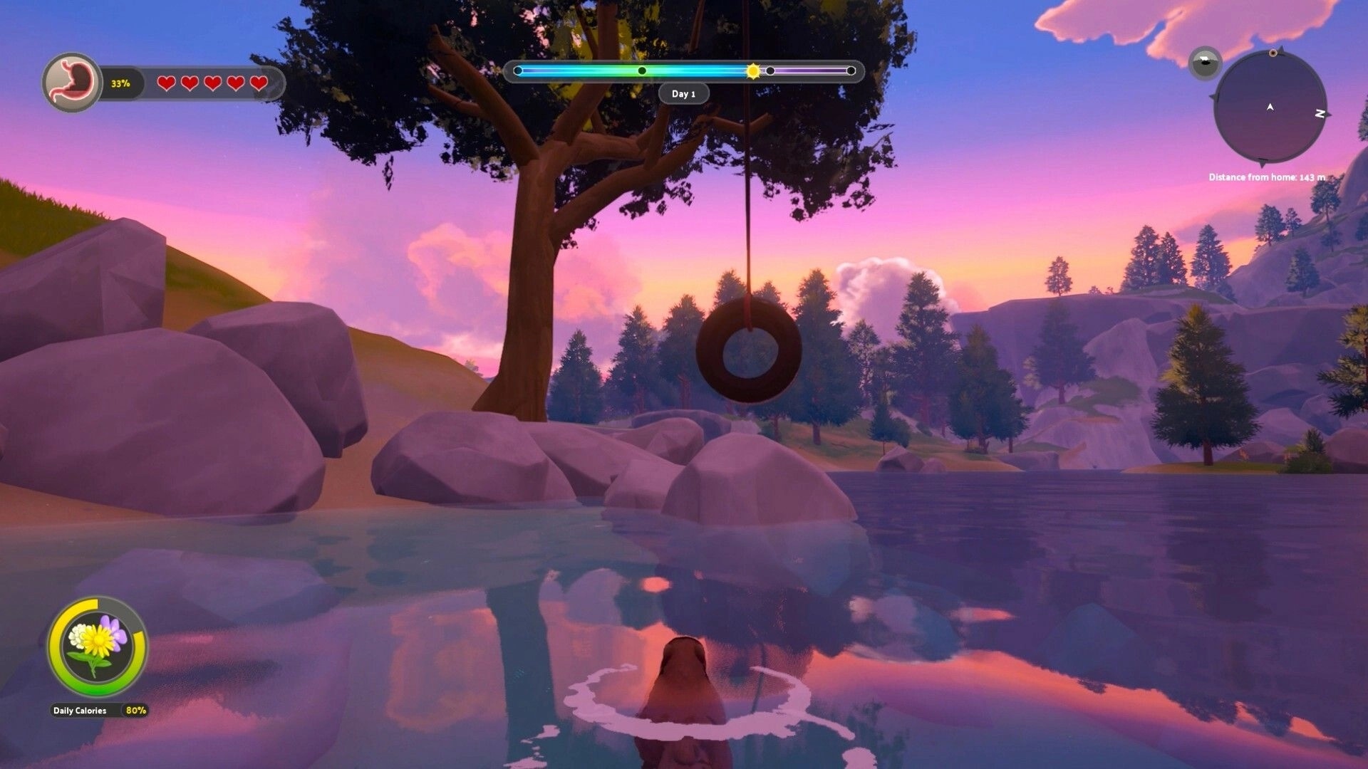 Whistle Pig: Groundhog wading in lake near tire swing tree at sunset, HUD hearts, day bar, minimap.