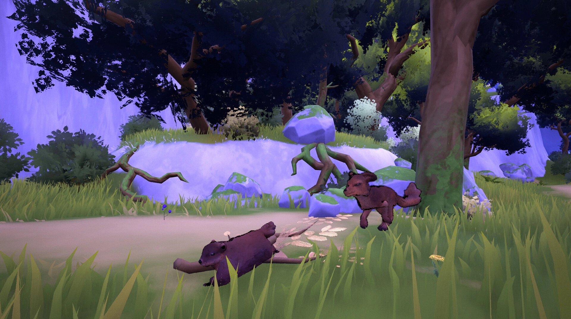 Whistle Pig: Two small animals run along a dirt path through a stylized forest with mossy rocks.