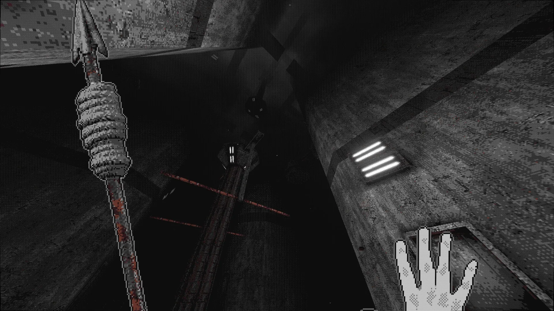 White Knuckle: Player ascends dark, industrial shaft with grappling hook and hand against concrete walls.