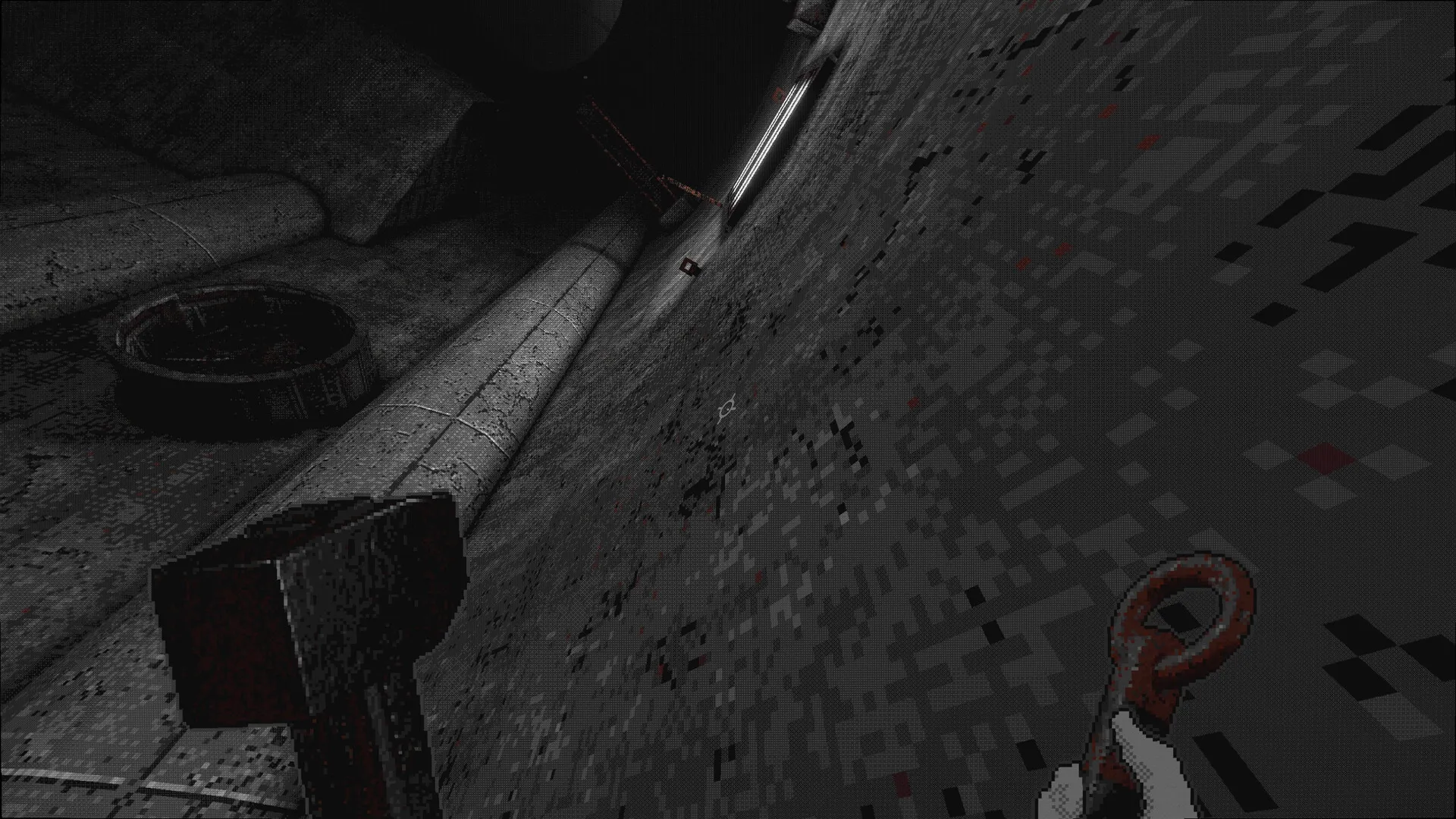 White Knuckle: First-person view climbing a dark, textured wall with a tool in an industrial tunnel.