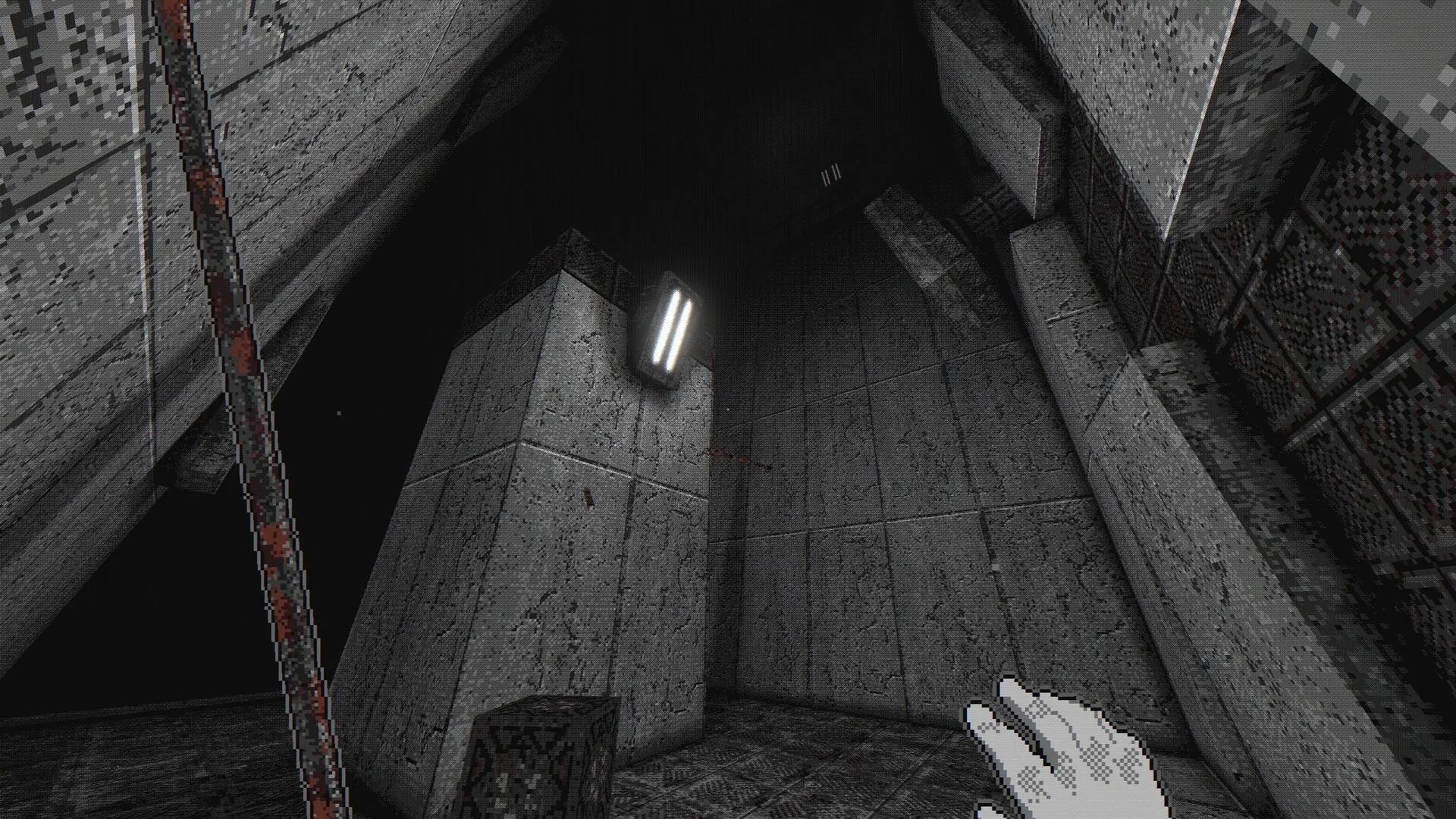 White Knuckle: First-person view climbing concrete walls in dark industrial corridor with minimal lighting