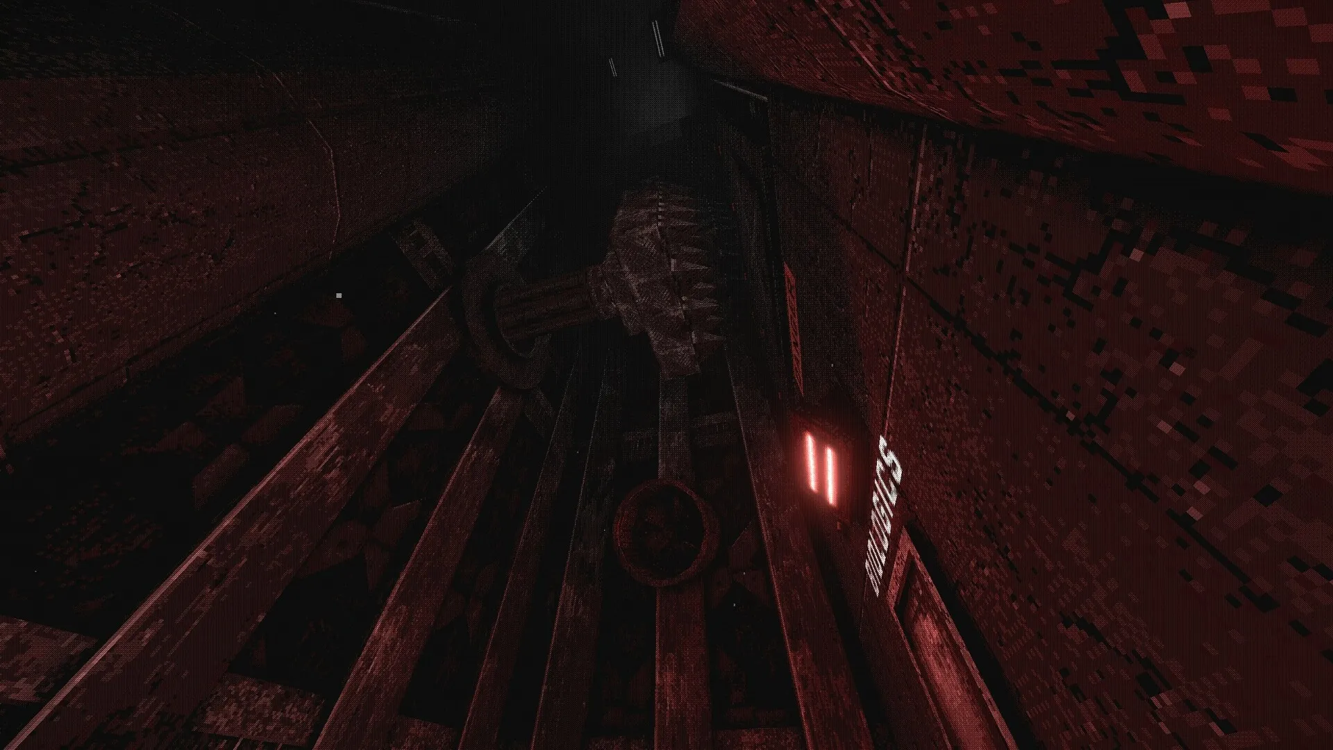 White Knuckle: Navigating through dark, red-tinged industrial shaft with ominous spinning gear overhead