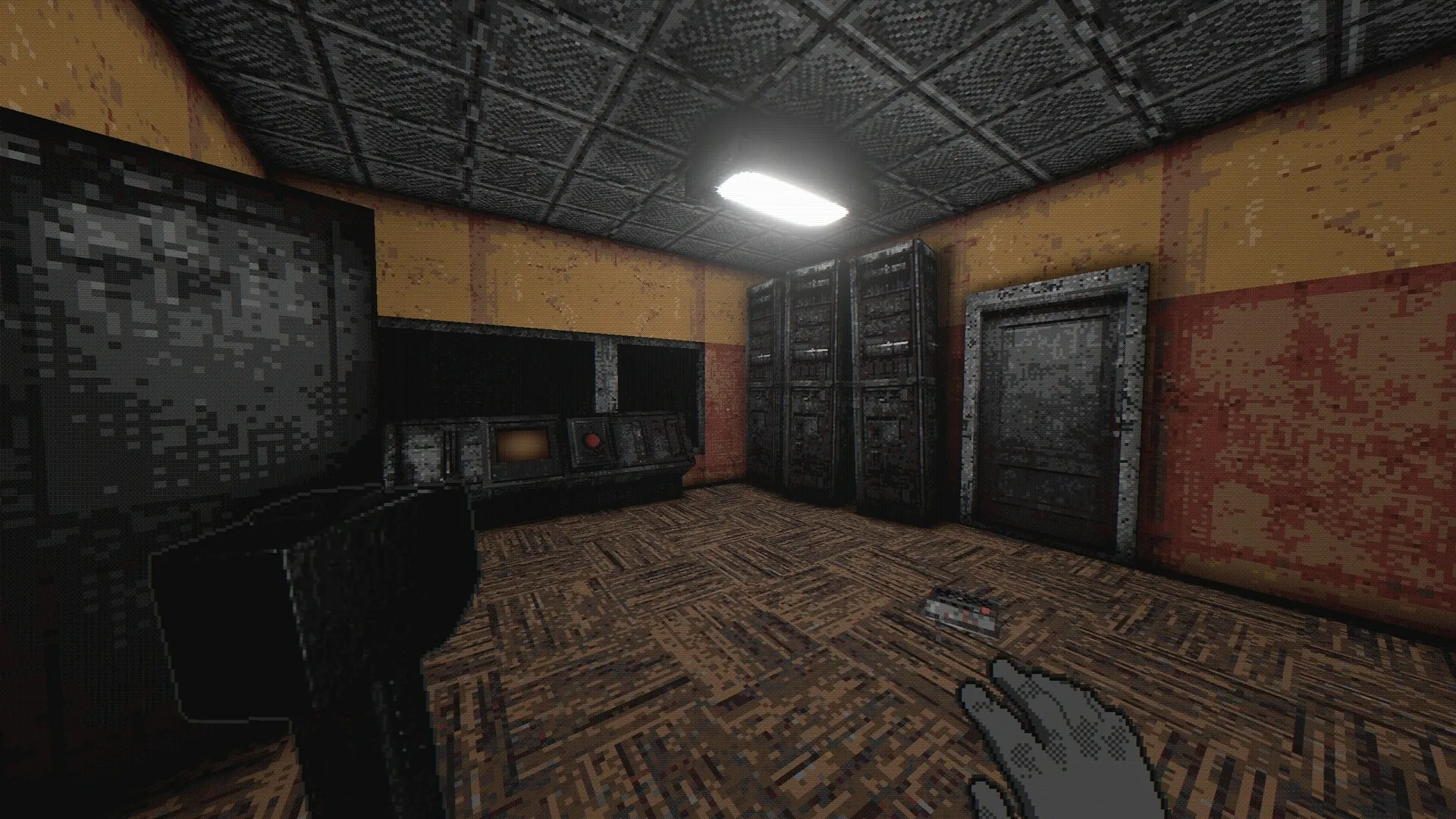 White Knuckle: Exploring a dimly lit control room with computers and closed metal door in SUB-STRUCTURE 17