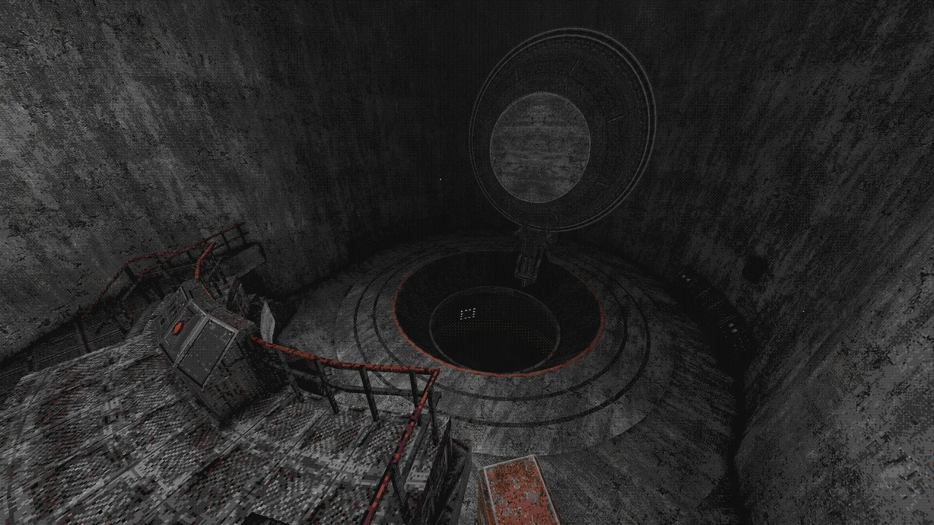White Knuckle: Metal staircase and control panel over large hatch in dark, industrial chamber