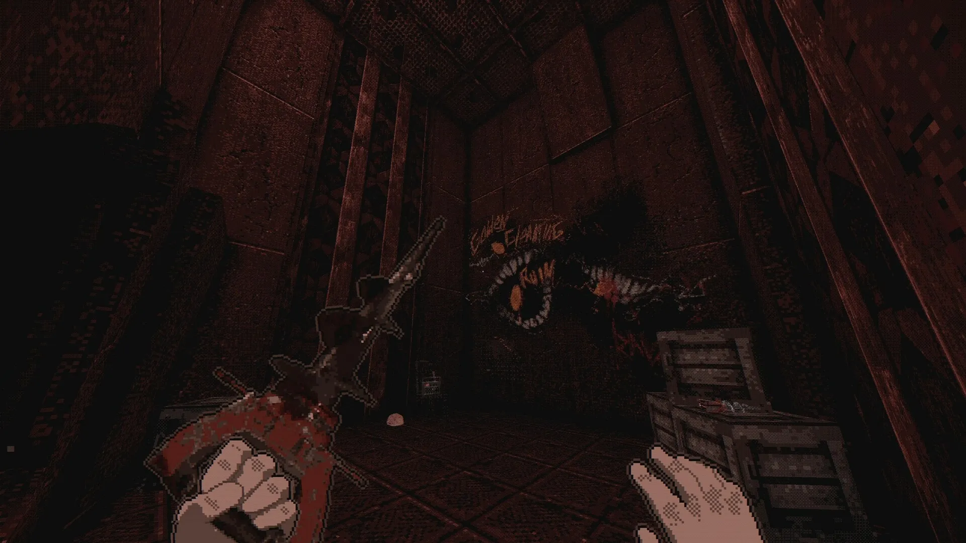 White Knuckle: Player holds a drill in a dark, graffitied room with crates and eerie wall art.