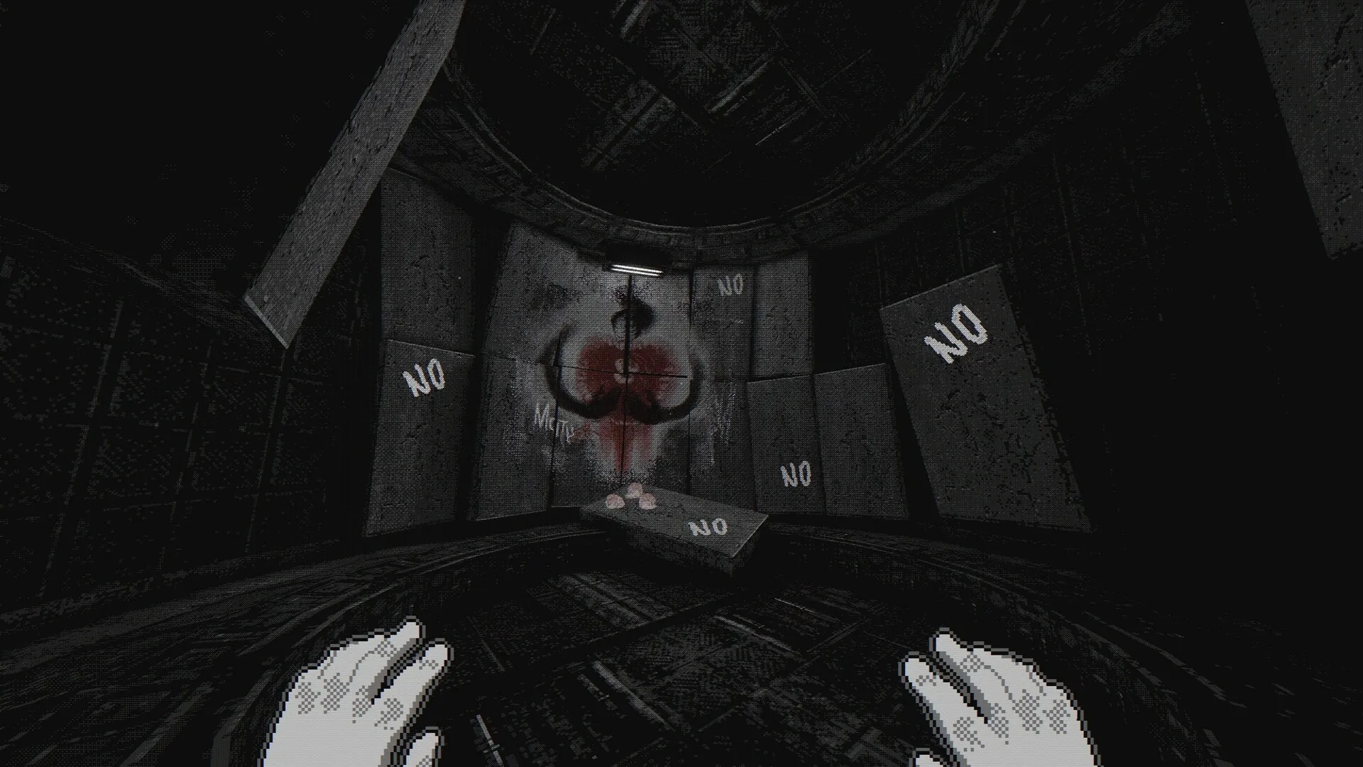 White Knuckle: Player hands reaching out in dim, graffiti-covered tunnel with "NO" written on walls