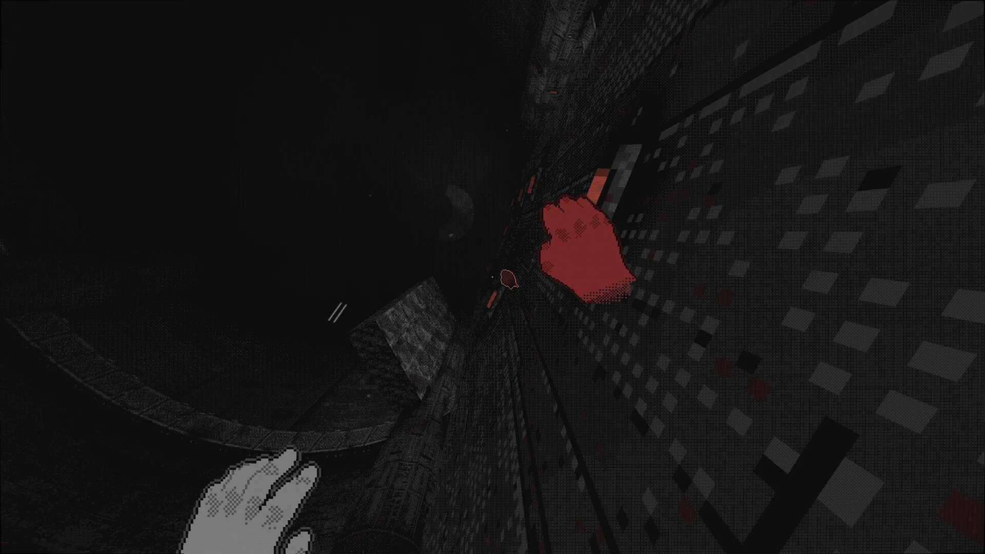 White Knuckle: Climbing a dark, pixelated wall with red and white hands in a dimly lit industrial shaft.