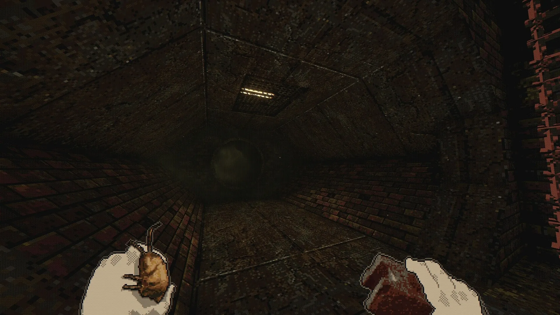 White Knuckle: Player holds items navigating dark, narrow tunnel with brick walls in SUB-STRUCTURE 17.