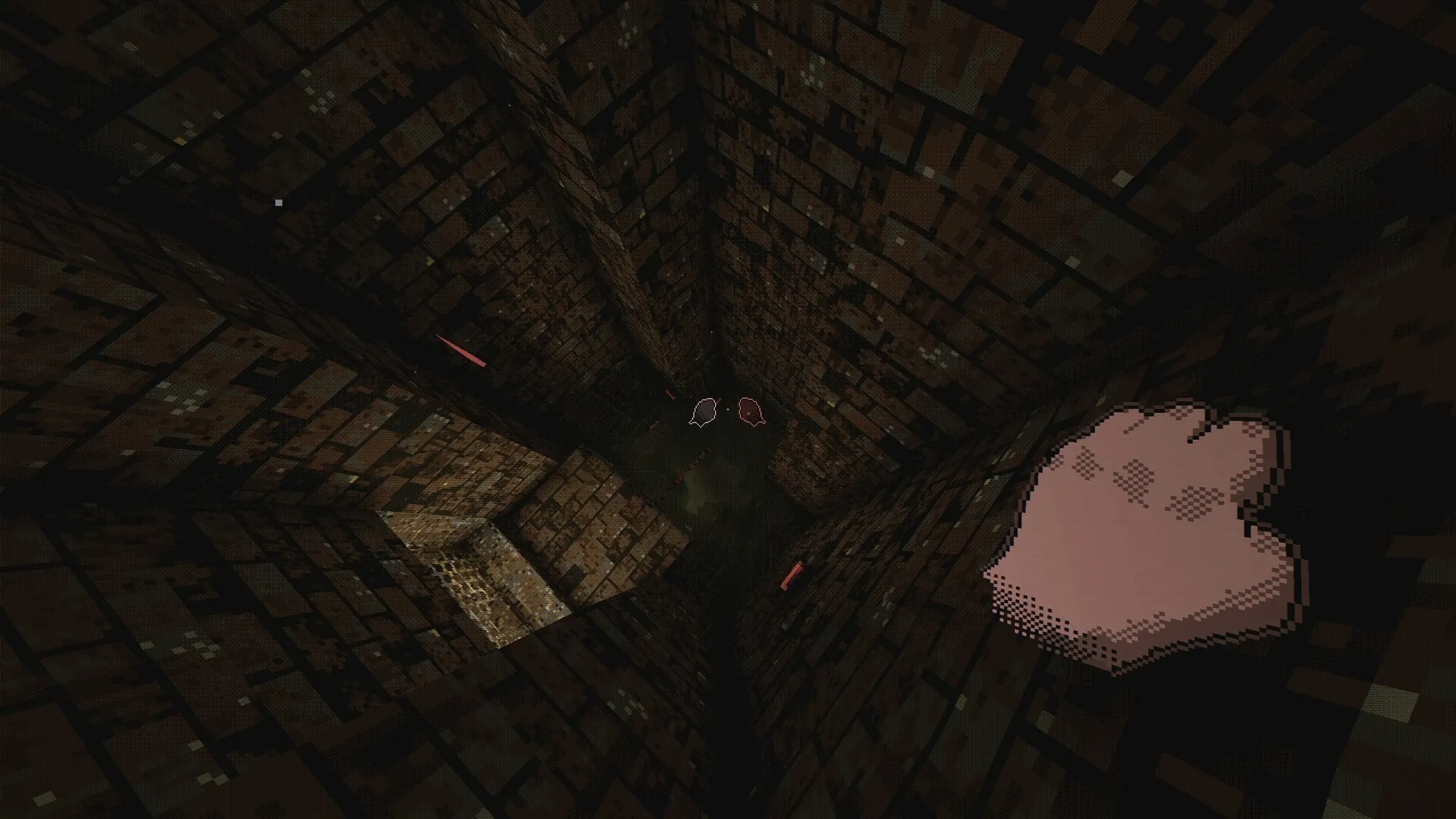 White Knuckle: Player hand climbing a narrow vertical shaft in a dark, pixelated subterranean structure.