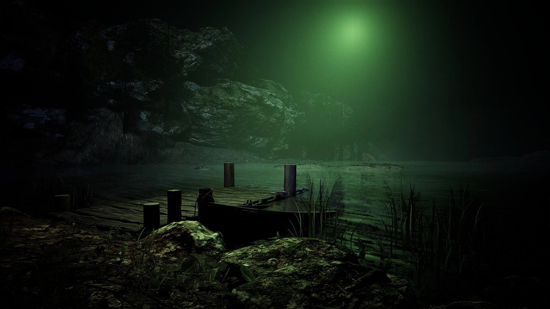 Who Are You!?: Empty wooden dock and rowboat under eerie green light on a foggy lake at night.
