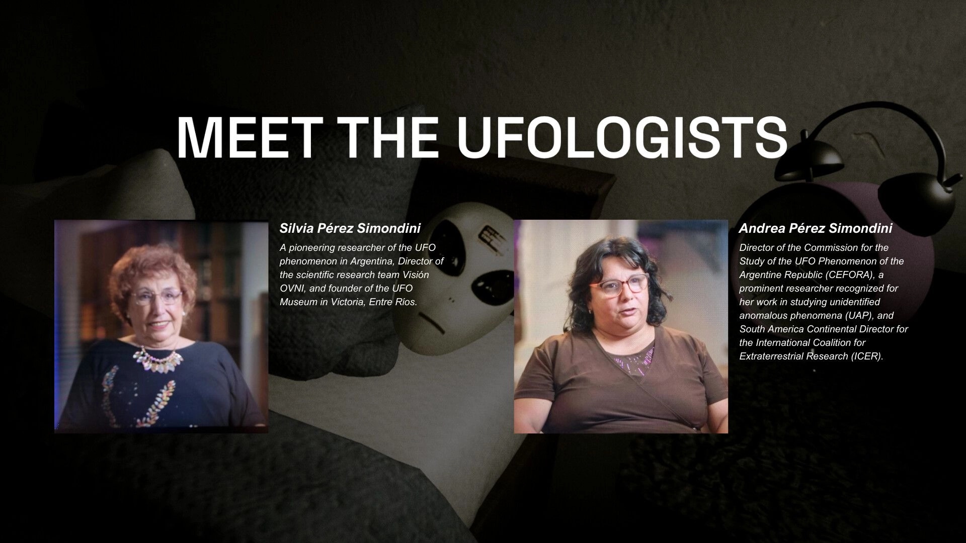 Who Are You!?: Meet the Ufologists info screen with two portraits and biographies over a dark bed scene.