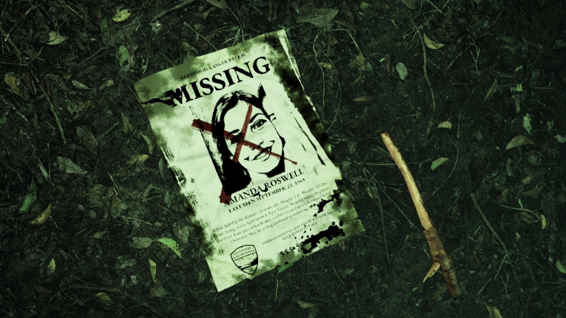 Who Are You!?: Missing poster of Amanda Roswell marked with an X on leafy forest ground.