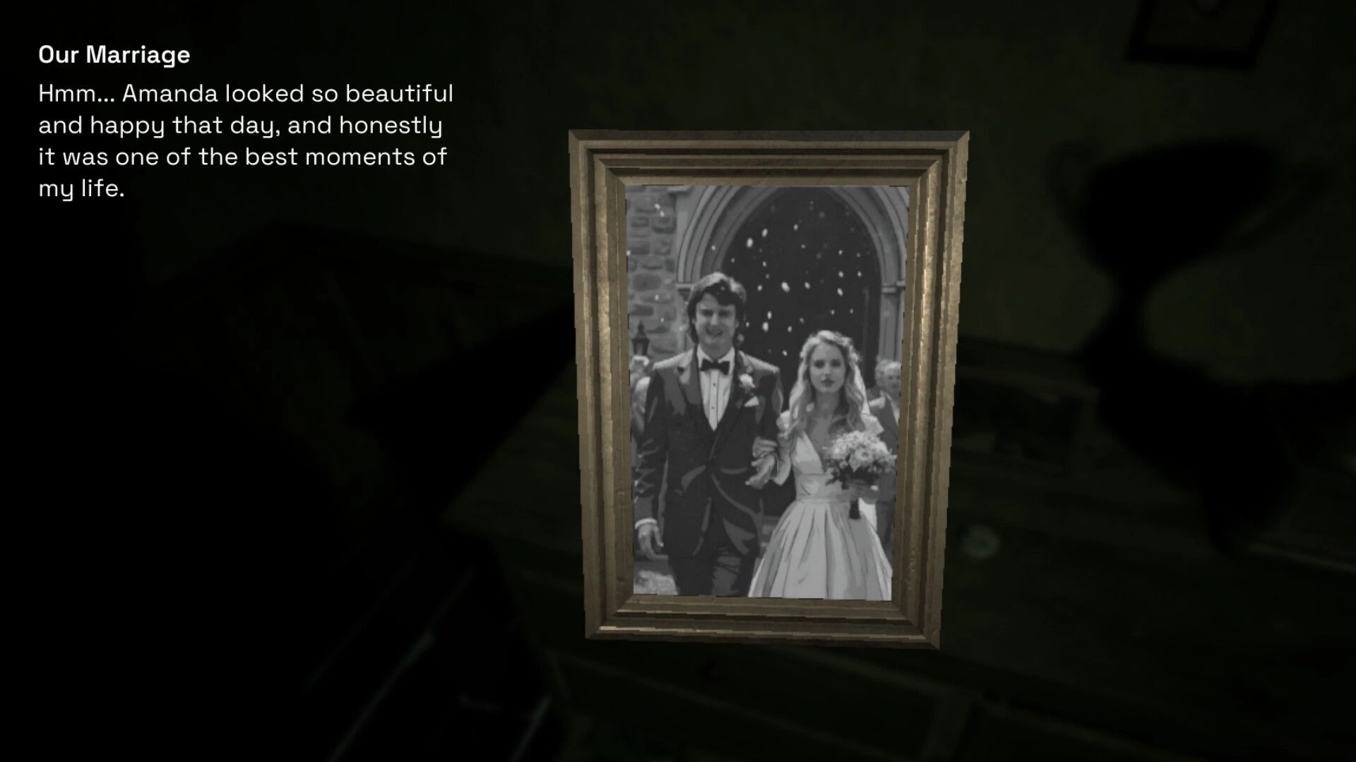 Who Are You!?: Journal entry titled Our Marriage beside framed wedding photo in dim room.