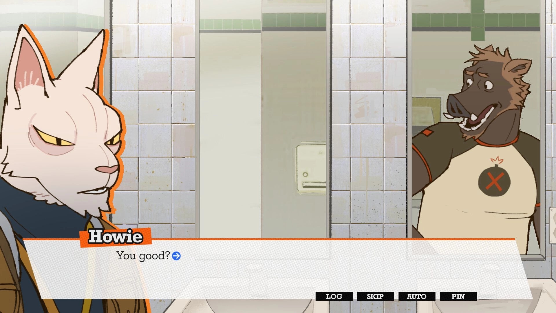 WHODUNNIT: Howie speaks in dialogue box as a cat faces a boar in a tiled bathroom hallway UI.