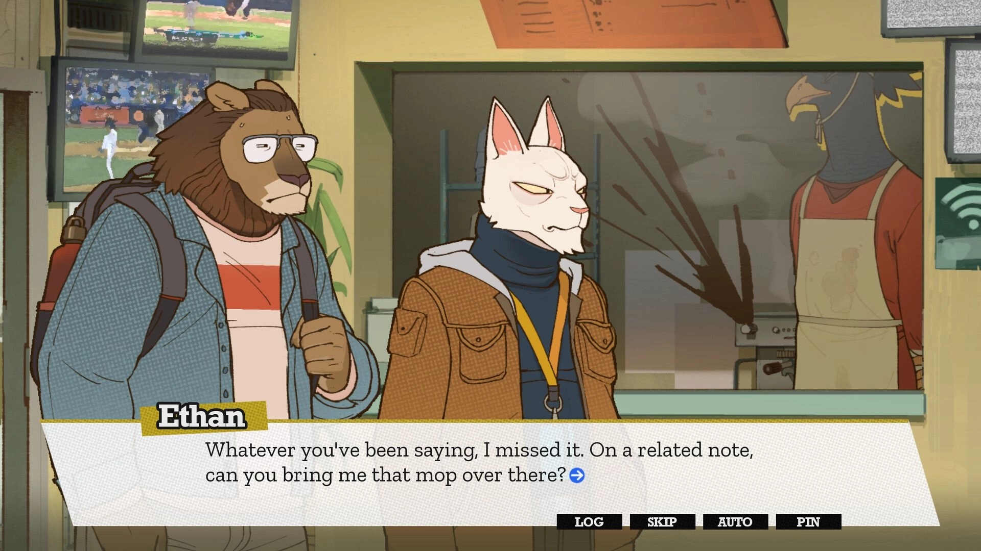 WHODUNNIT: Ethan dialogue box beside white cat character at a counter in a diner kitchen scene.