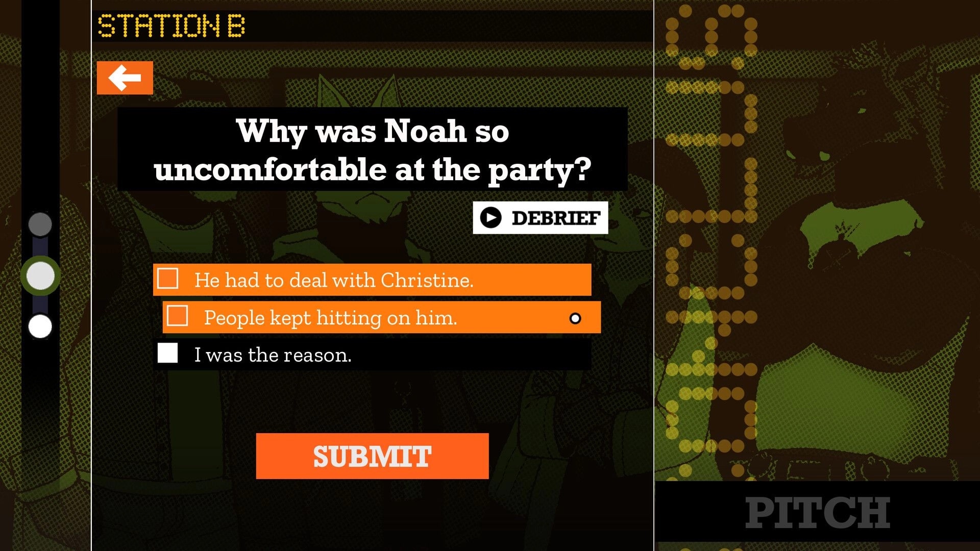 WHODUNNIT: Station 6 quiz screen asking why Noah was uncomfortable, with choices and Submit button.