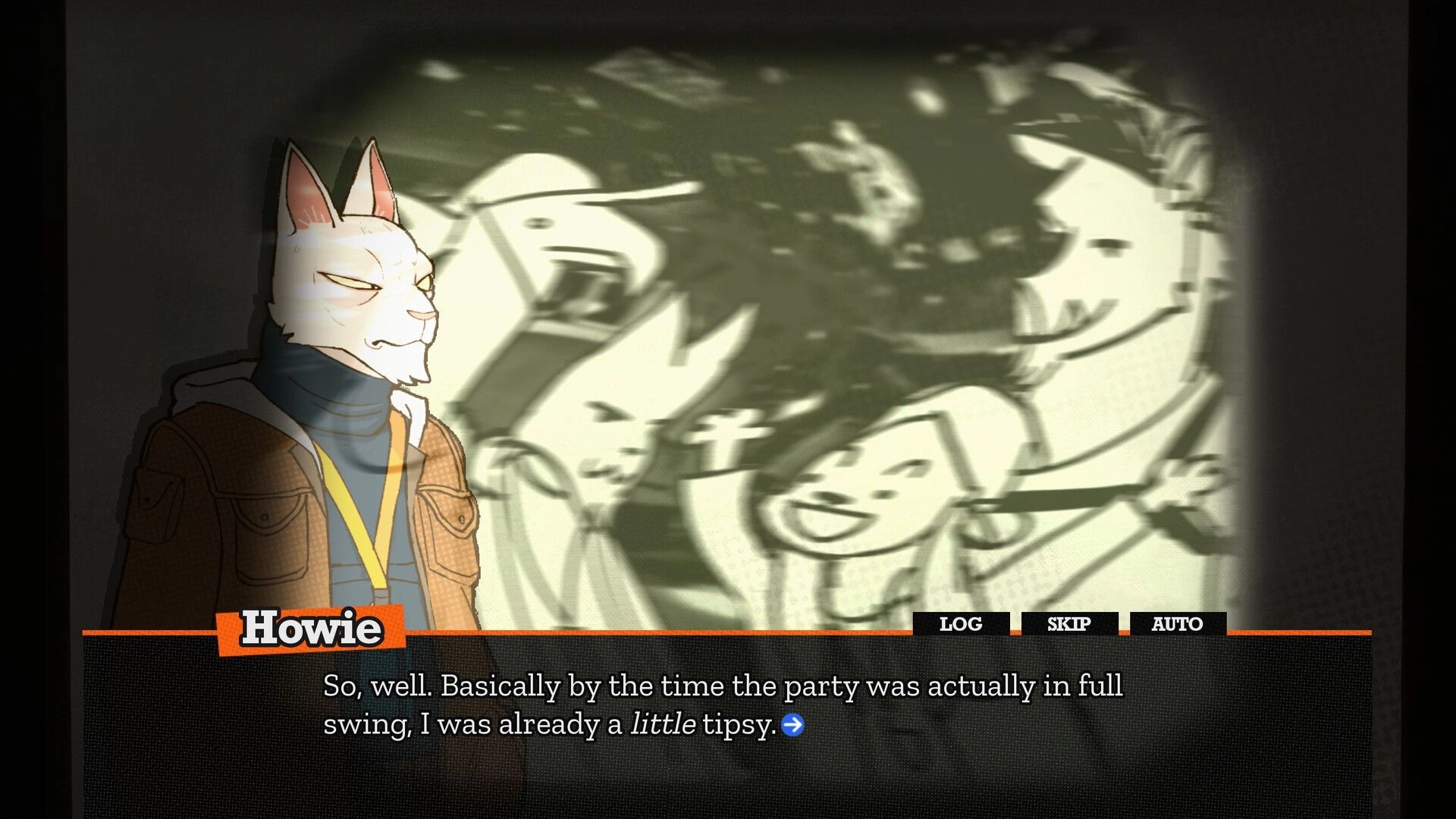 WHODUNNIT: Howie dialogue scene with log/skip/auto UI over blurred party photo backdrop.