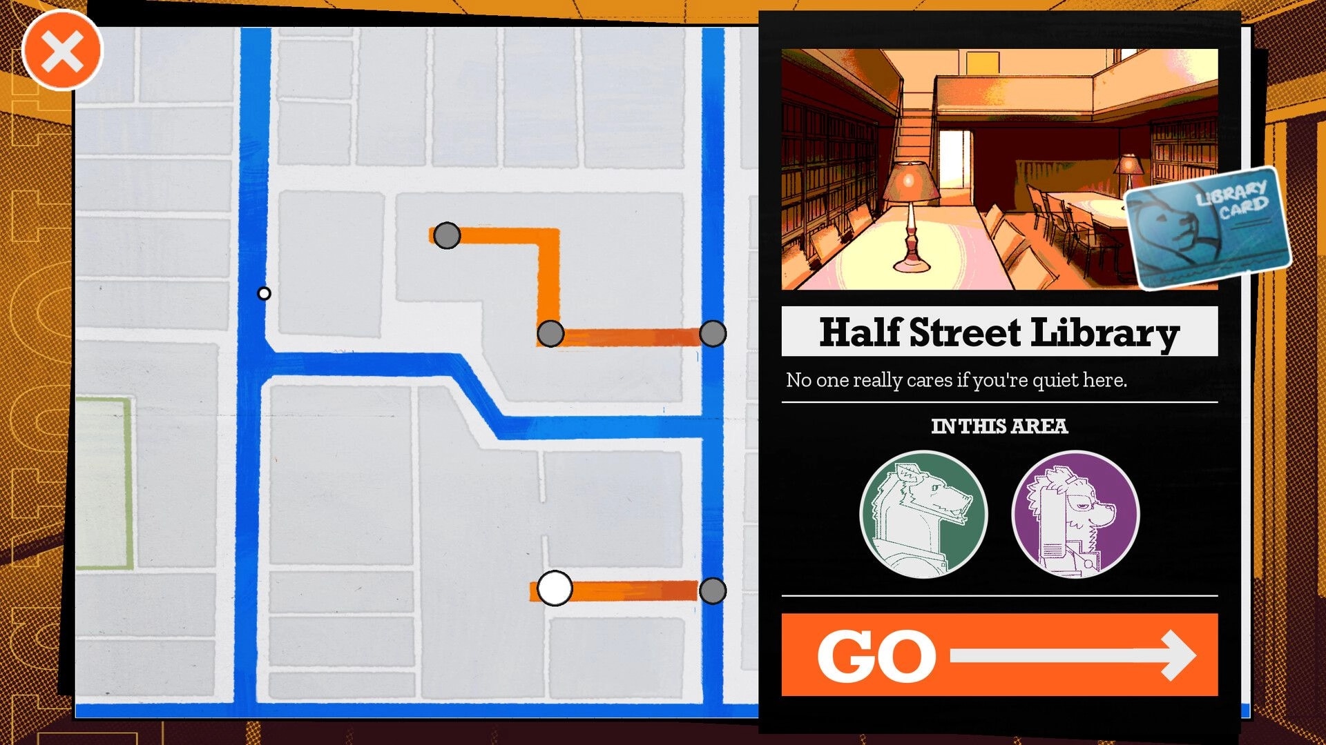 WHODUNNIT: City map route selection with Half Street Library card, icons, and GO button panel.
