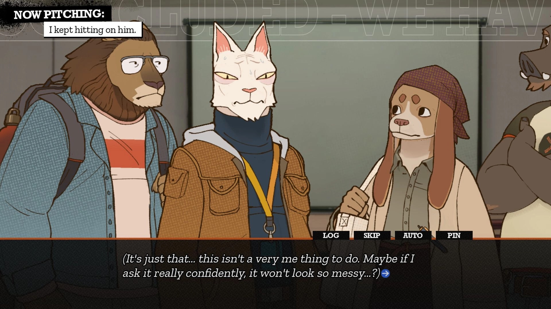 WHODUNNIT: Dialogue choice scene with three animal characters in a classroom, log/skip/auto UI bar.