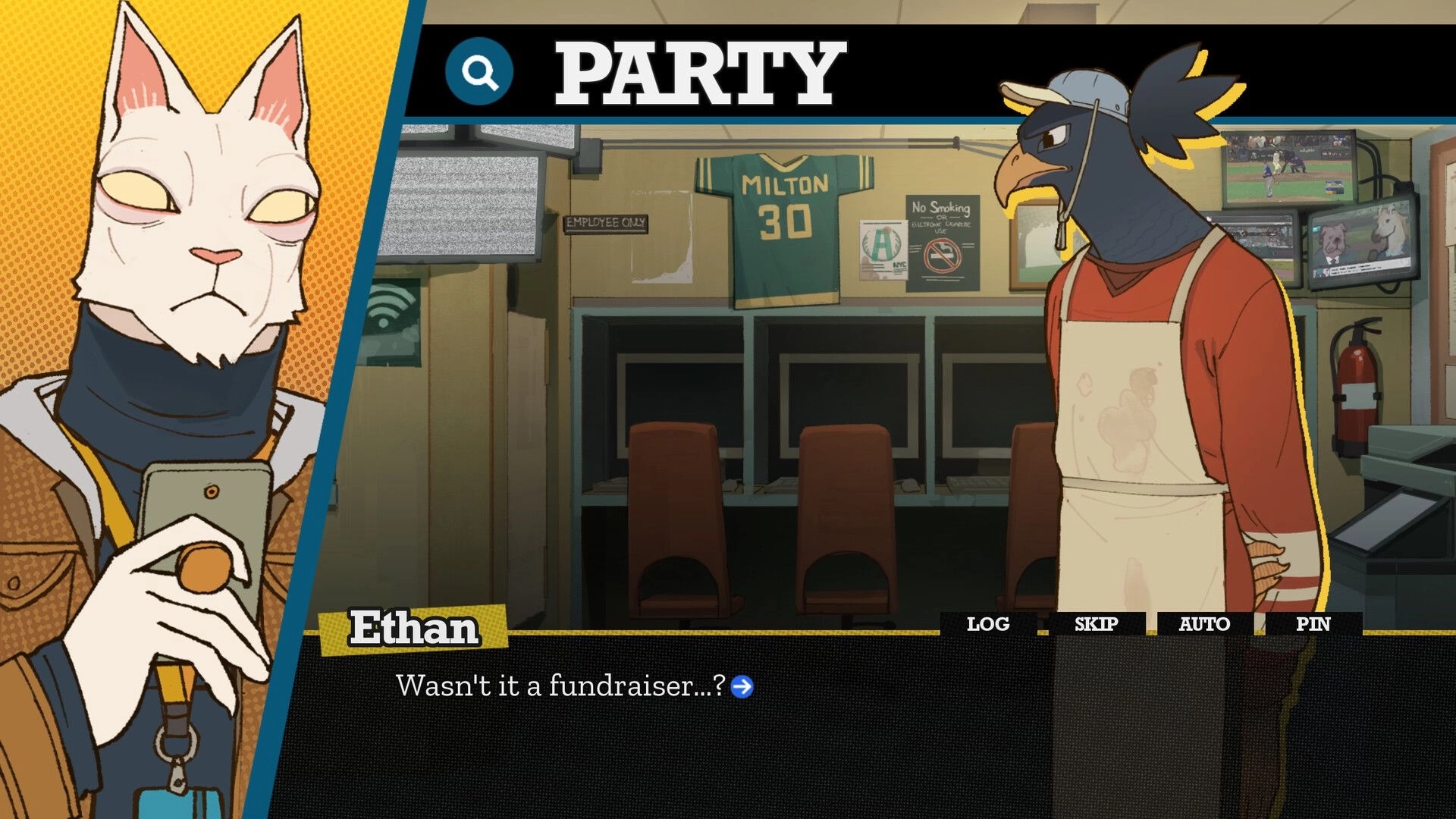 WHODUNNIT: Ethan dialogue scene with cat portrait and bird in apron inside a party break room UI.