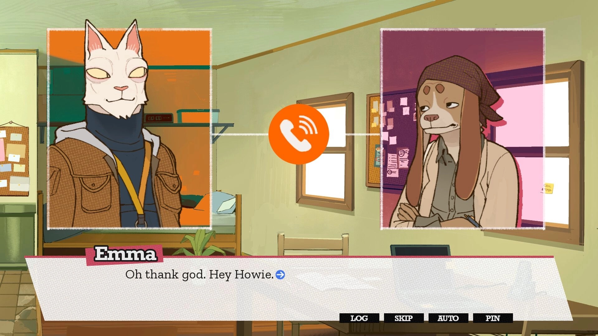 WHODUNNIT: Emma speaks to Howie on a call split-screen in a dorm room dialogue UI with log/skip/auto/pin.