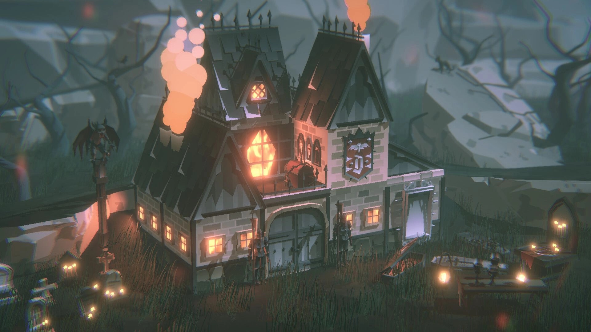Wicked Cabins: Glowing gothic house with smoky chimneys in misty graveyard, candles and tombstones nearby.