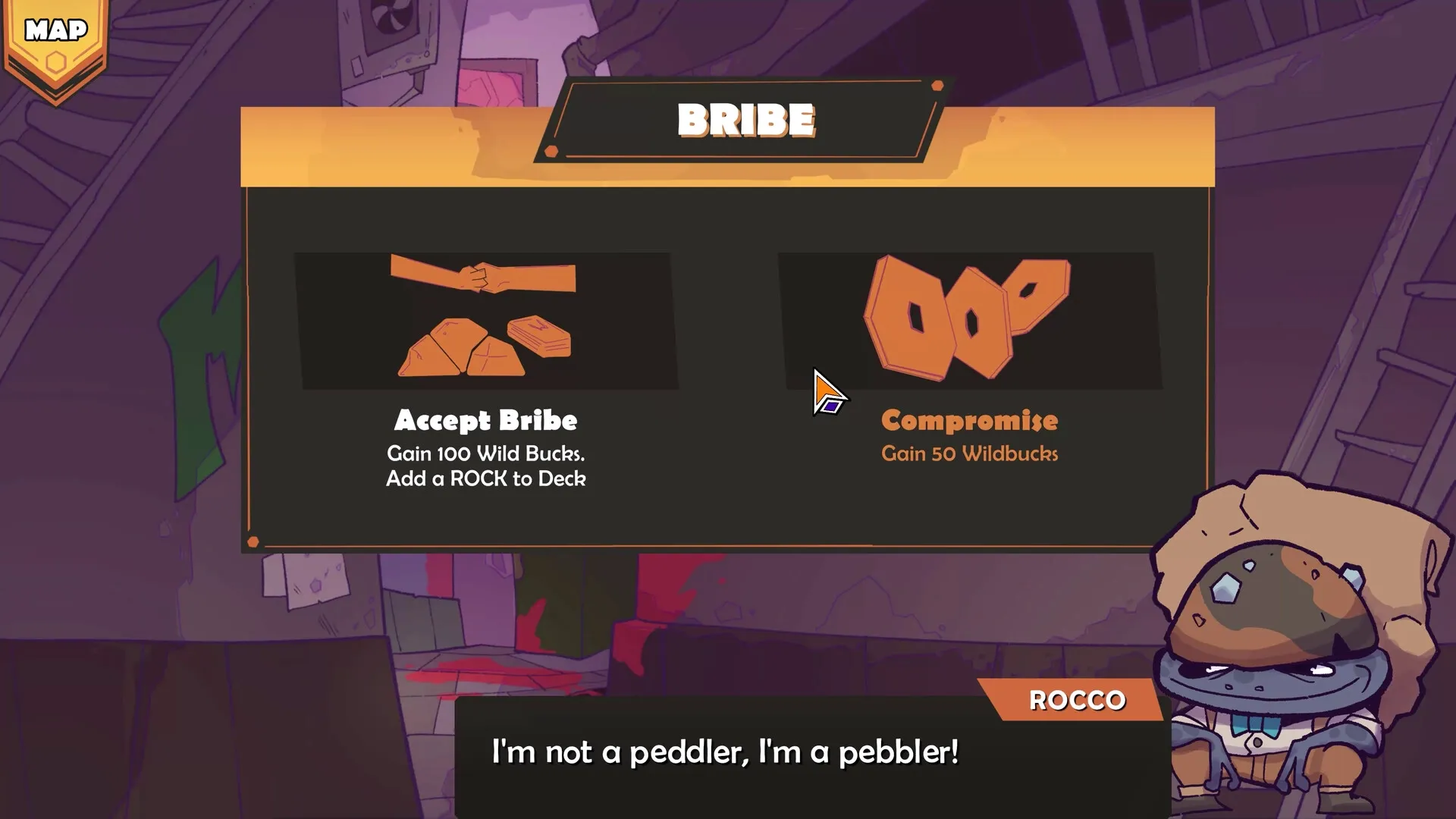 Wild City: Bribe selection screen with options to accept bribe or compromise in underground setting
