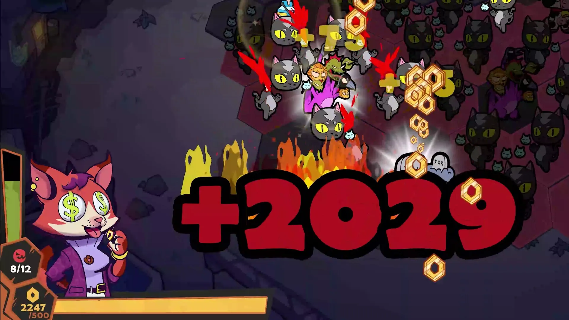 Wild City: Player character with dollar eyes in combat, surrounded by cats and fire on hex grid