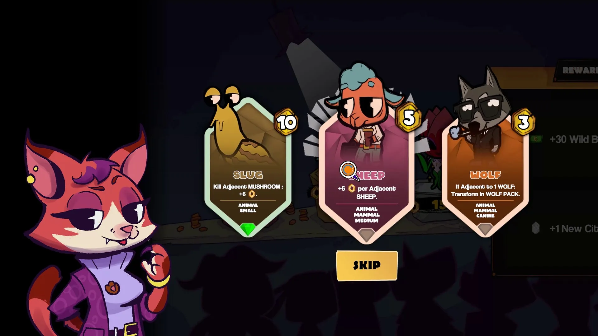 Wild City: Character choosing between Slug, Sheep, and Wolf cards in a dark strategy interface