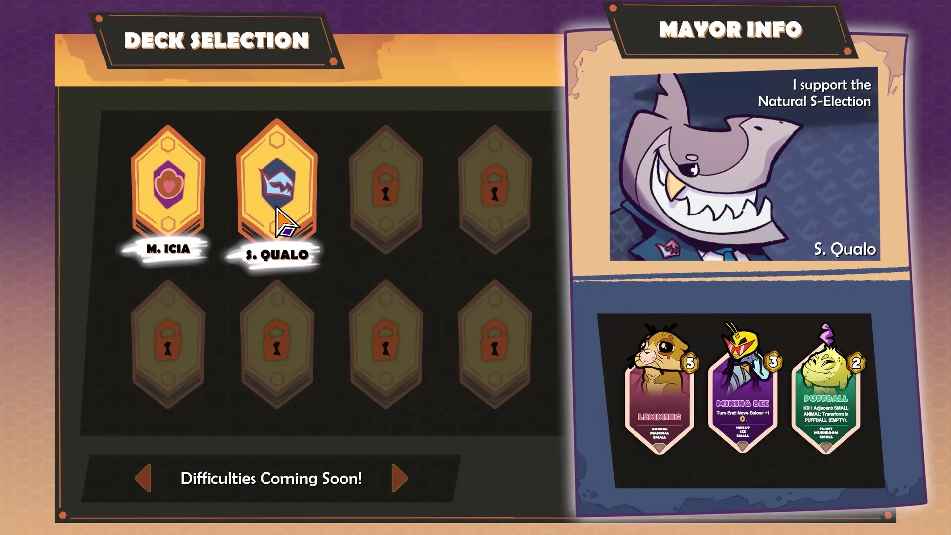 Wild City: Deck selection screen displaying S. Qualo's cards and mayor info on the right panel