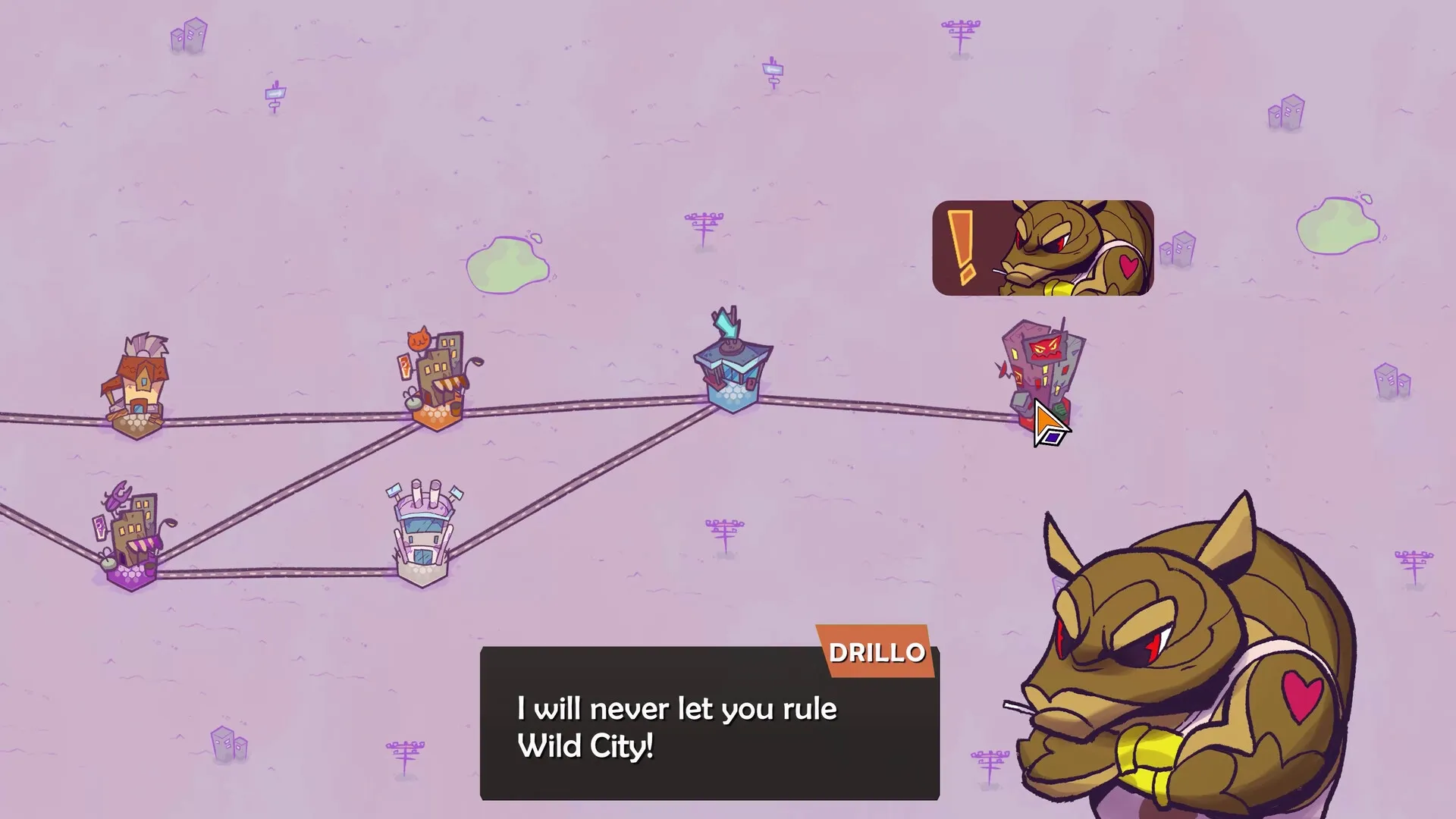 Wild City: Drillo challenges player on a pink map with buildings connected by paths