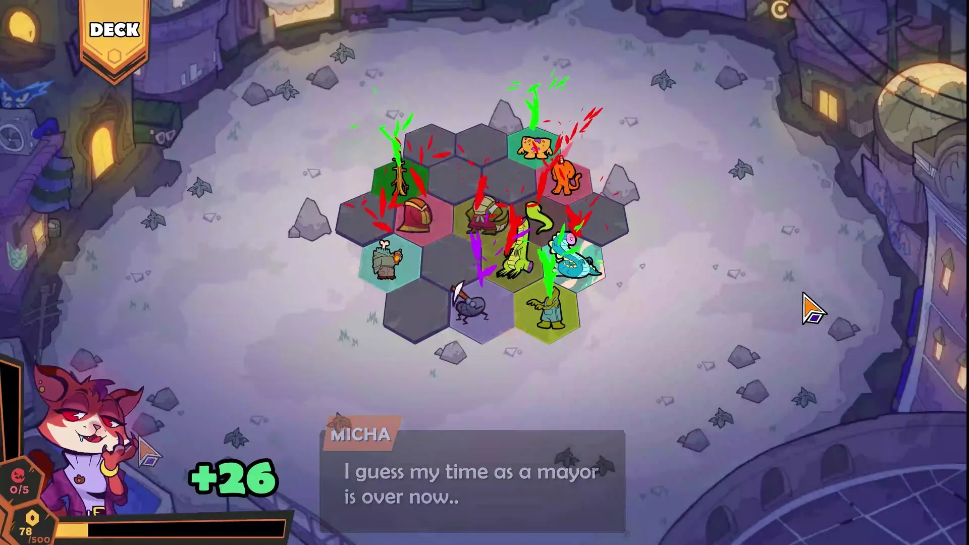 Wild City: Hexagonal board with animals and plants battling, UI shows character Micha's dialogue.
