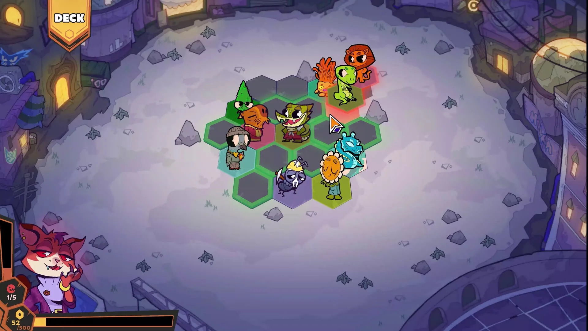 Wild City: Hexagonal board with animal cards in strategic formation inside a moonlit courtyard
