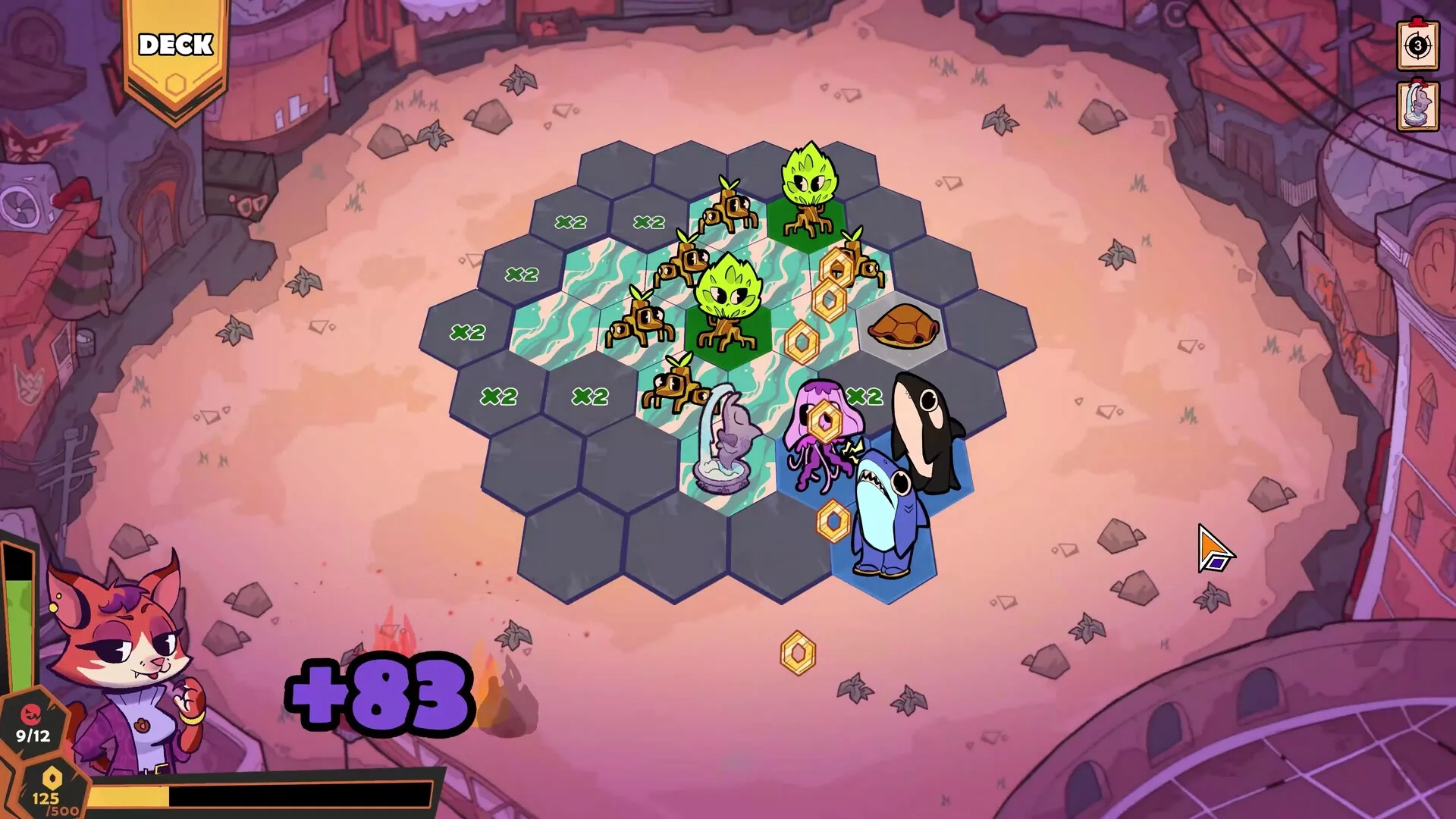 Wild City: Hexagonal board with plant and animal cards in a city arena, player gaining points
