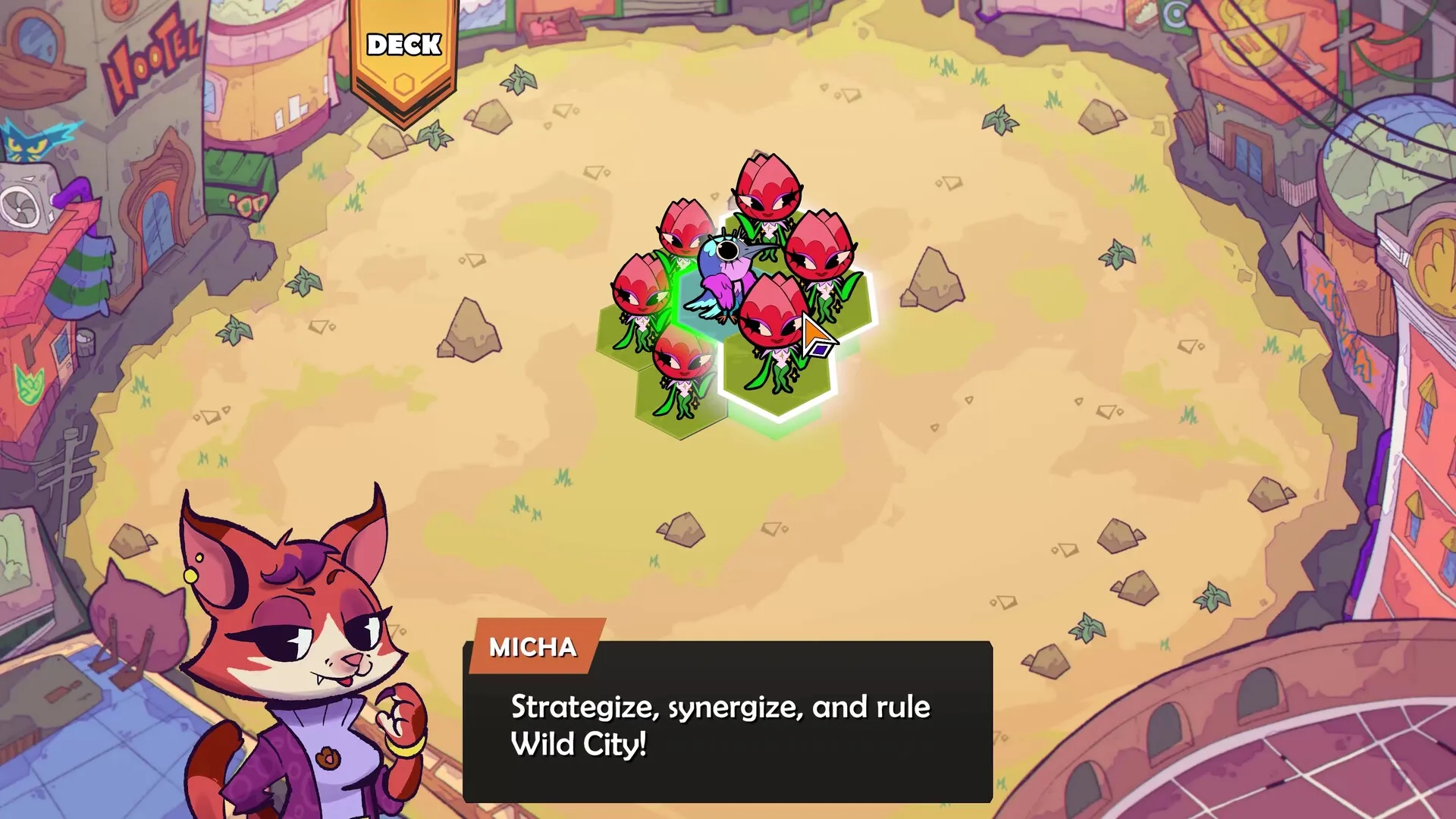 Wild City: Micha strategizes in front of buildings while plant cards are placed on hexagonal tiles.