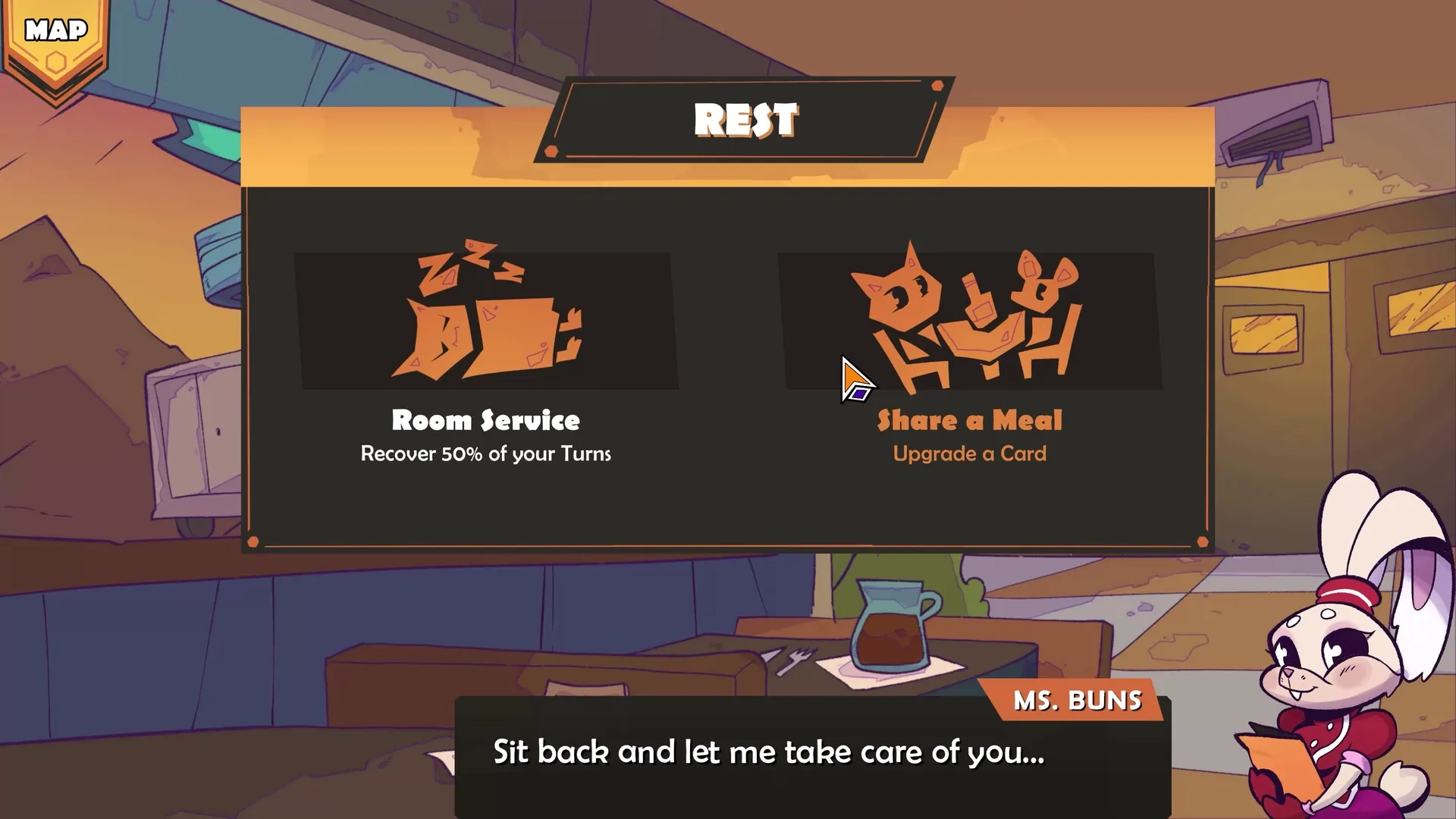 Wild City: Rest screen with options for Room Service or Share a Meal in a cozy room setting