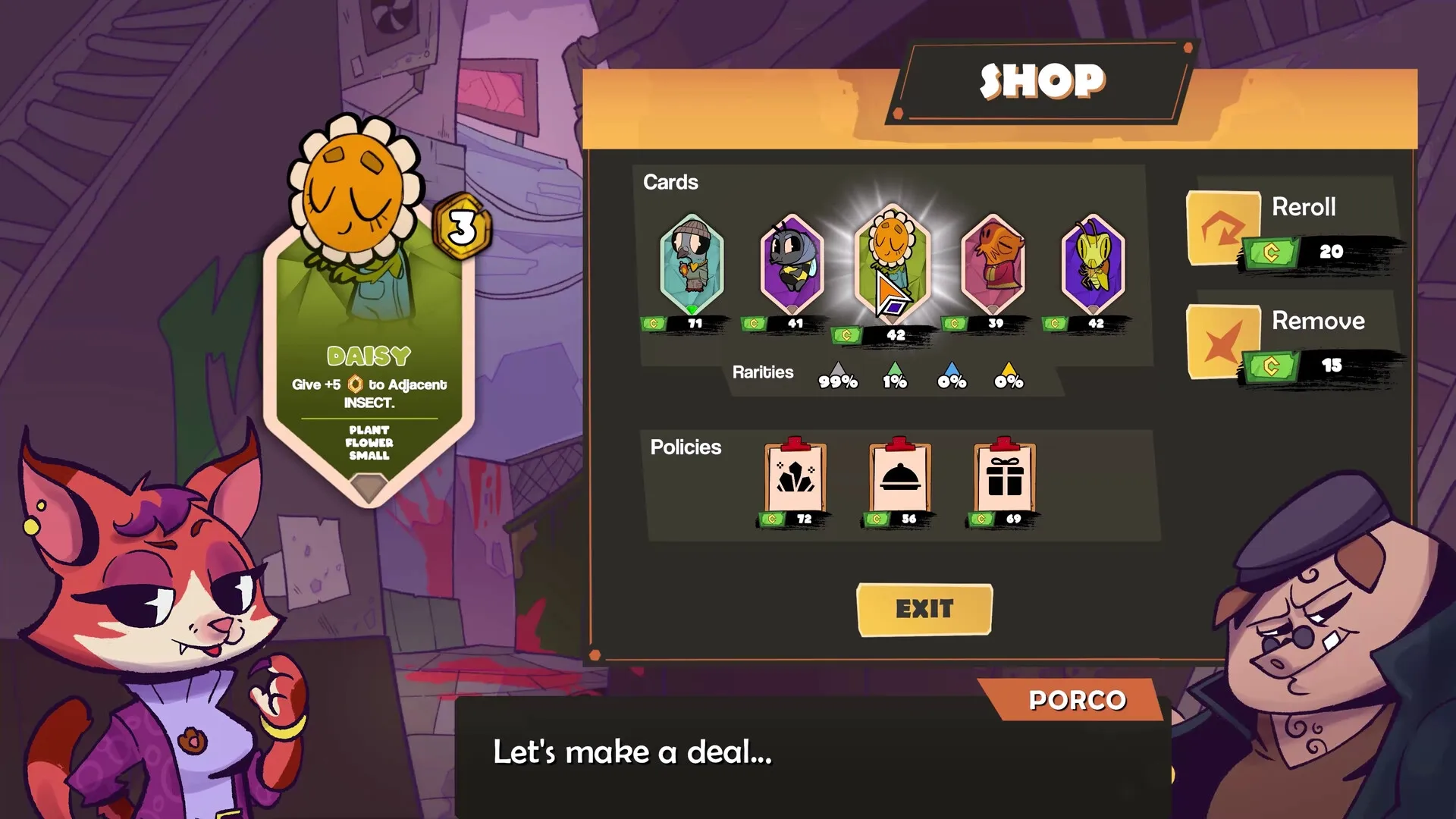 Wild City: Shop menu with character Porco, card options, and policies displayed in urban setting